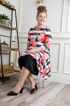 Modest print tunic for women – Nuggles® Rose Top with high-low ruffle hem and 3/4 sleeves.