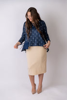 Model wearing the Nuggles® Keegan Top in Starlit Navy print modest boutique top