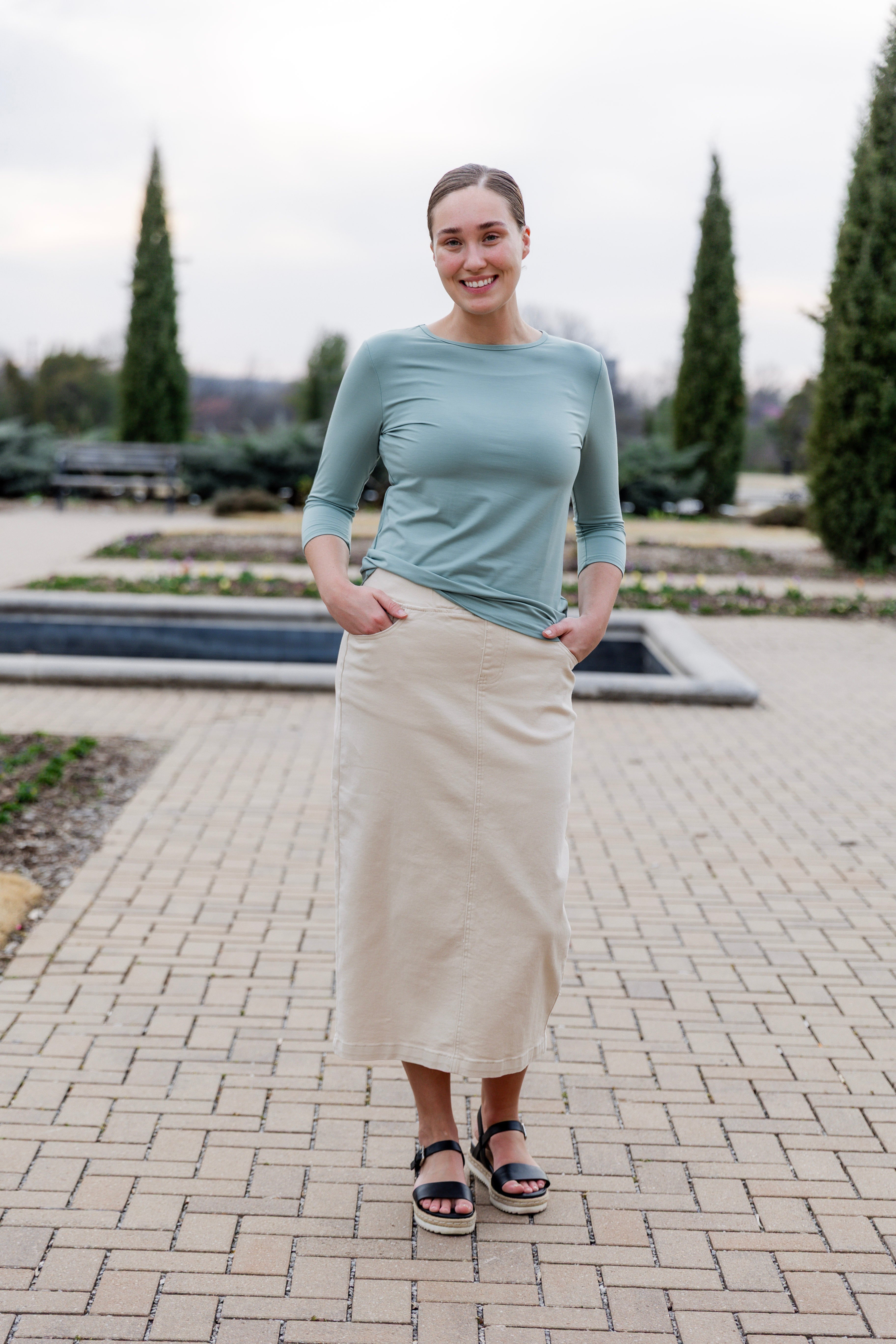 modest denim skirts in 34" length 