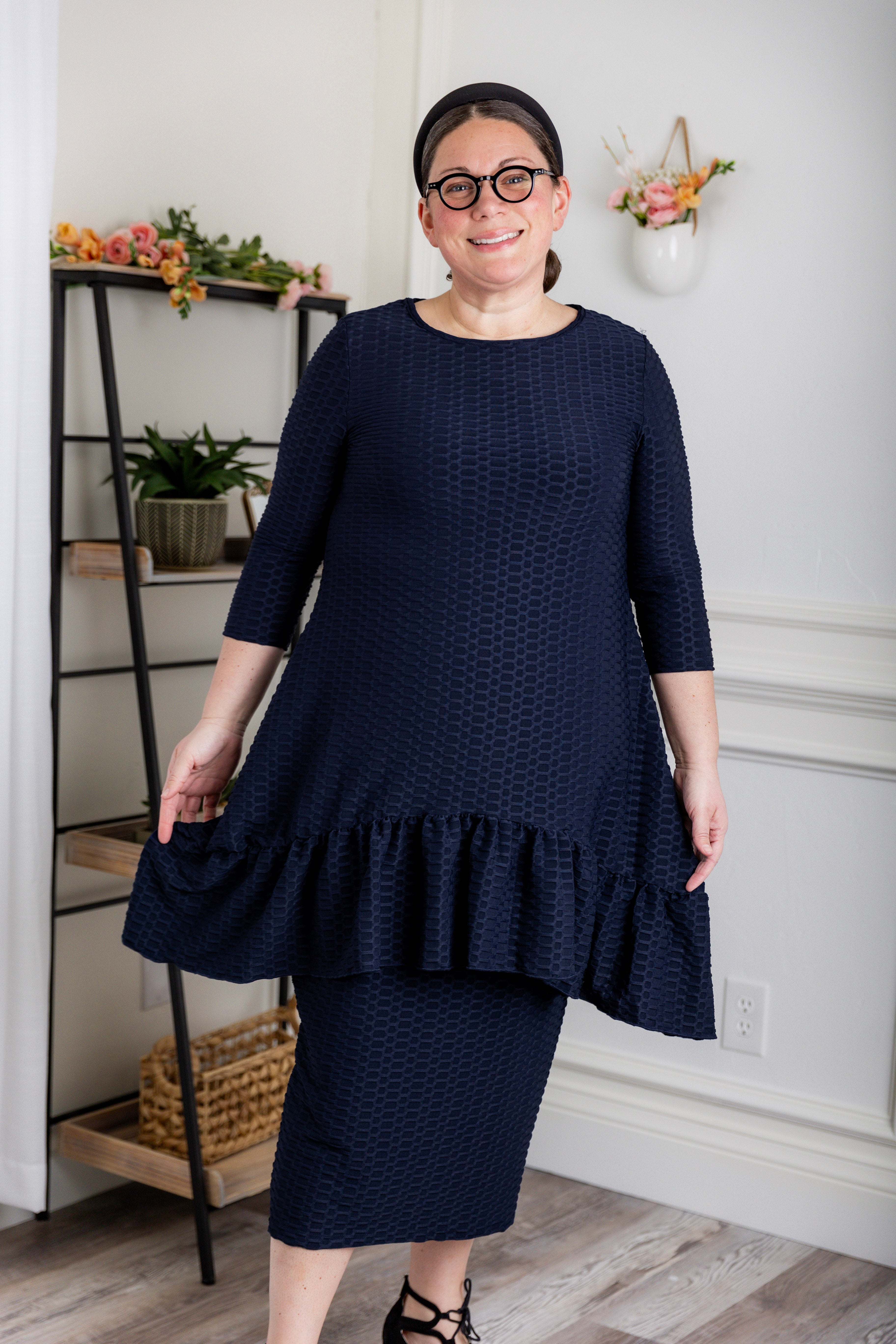 Modest solid Rose Top for women in textured fabric, long hip-length cut, paired with matching midi skirt from Nuggles®