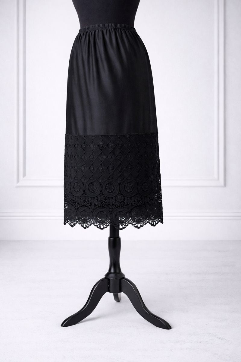 Our modest Nuggles® 31" crochet lace slip in Black