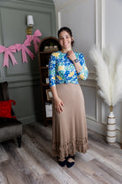 Model wearing Nuggles® Callie Skirt in Dark Khaki modest skirt