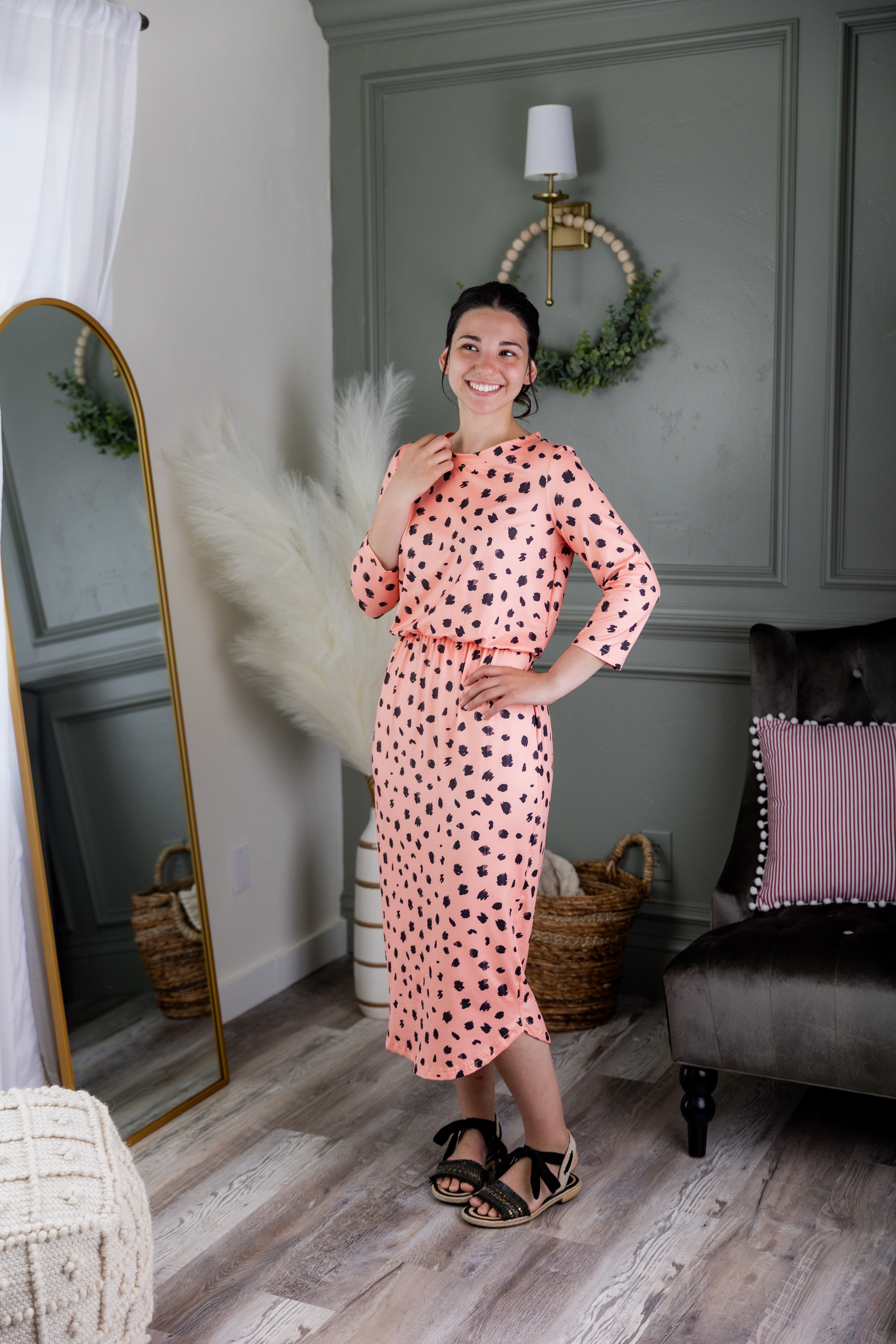 Model wearing Modest Nuggles® Harper Jane Dress in Sweetheart