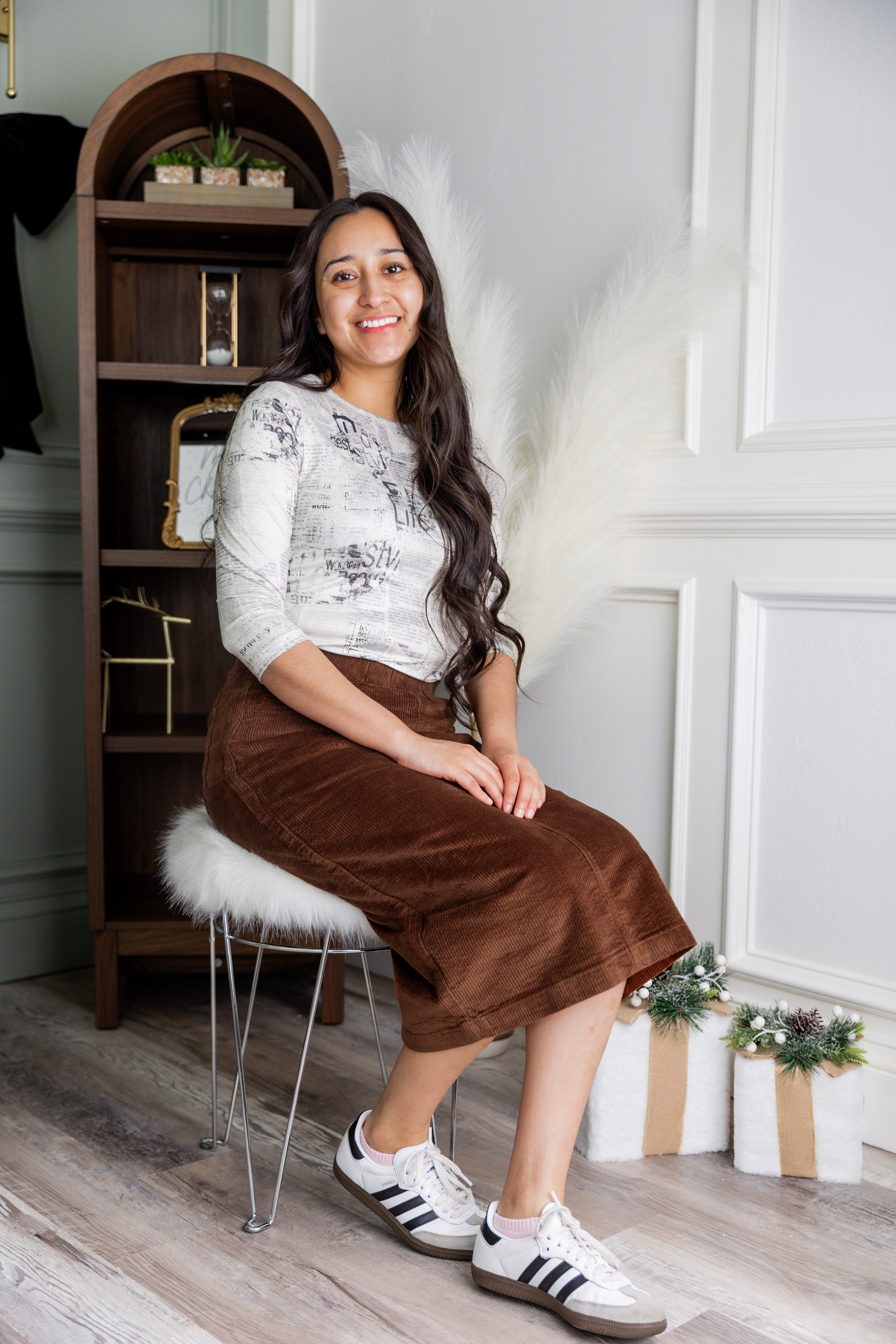 Model wearing Nuggles® 31-inch corduroy skirt