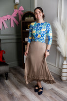 Model wearing Nuggles® Callie Skirt in Dark Khaki modest skirt