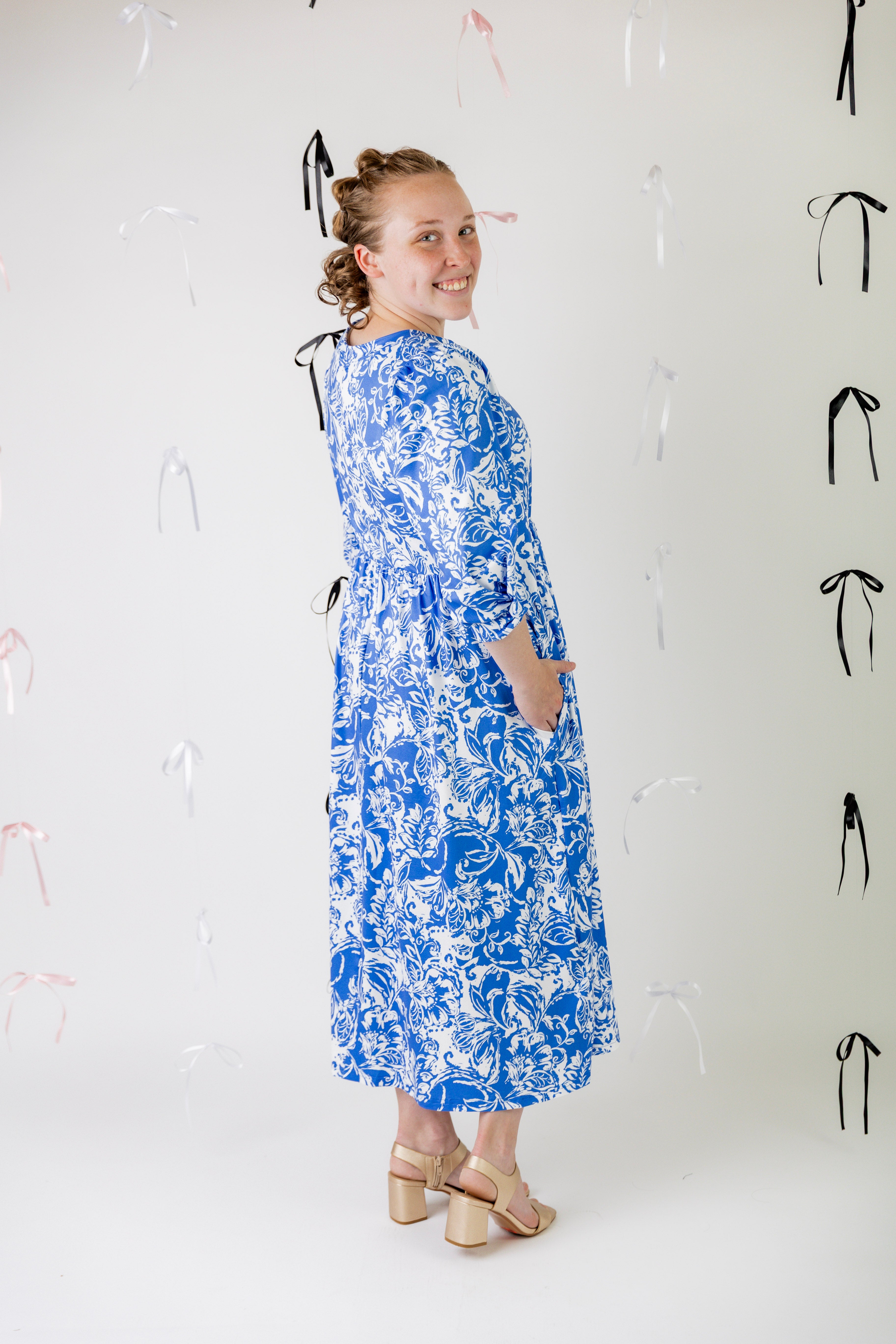 modest 3/4 sleeve midi dress pretty prints spring time