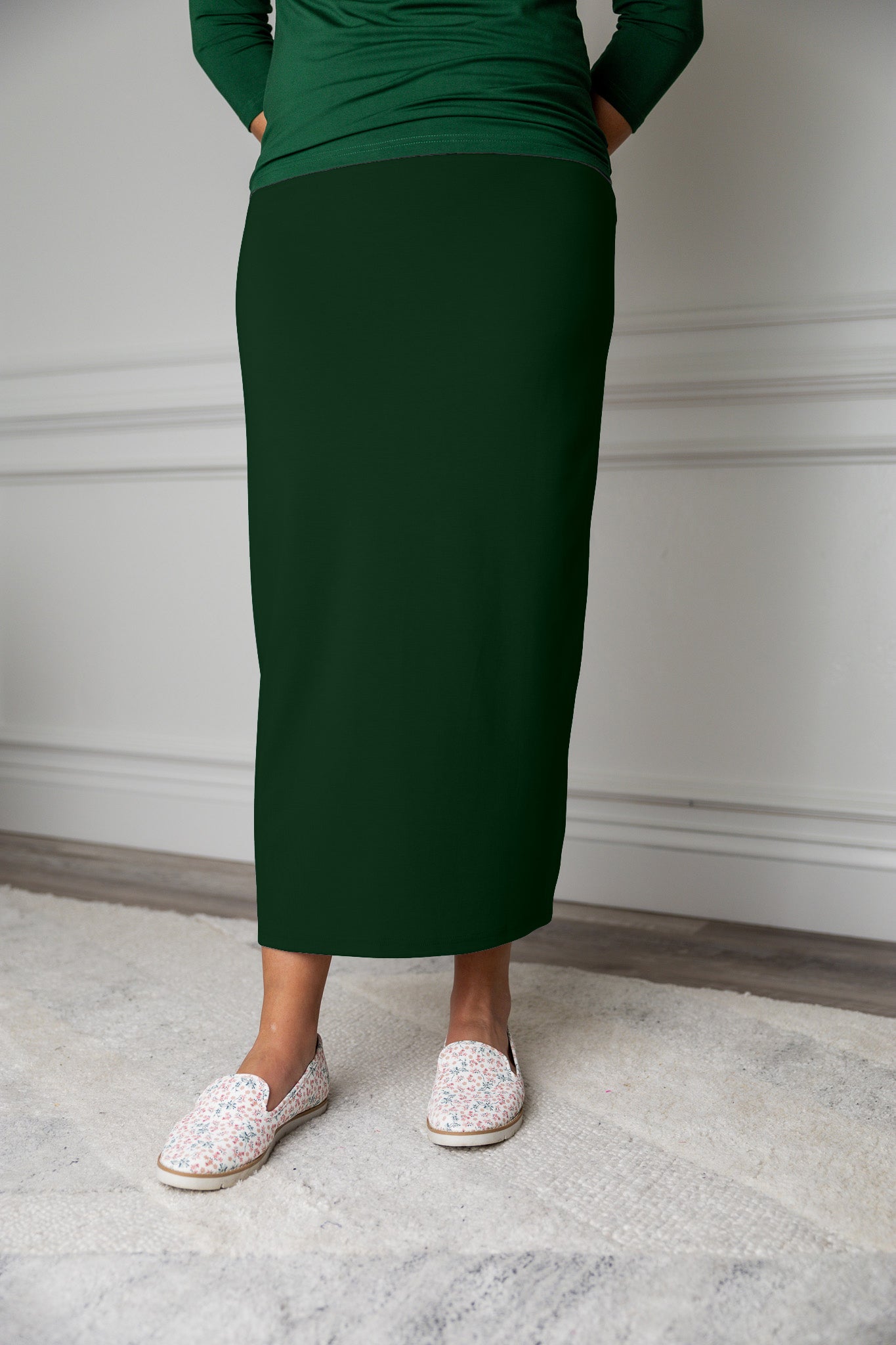 Nuggles® modest midi skirt in [color/print] – soft knit, no-iron, available in 27", 31", 34" lengths.