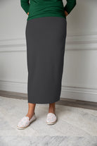 Nuggles® modest midi skirt in [color/print] – soft knit, no-iron, available in 27", 31", 34" lengths.