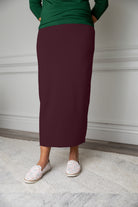 Nuggles® modest midi skirt in [color/print] – soft knit, no-iron, available in 27", 31", 34" lengths.