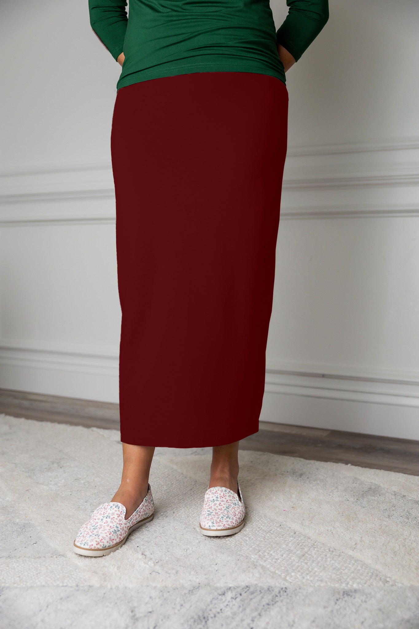 Nuggles® modest midi skirt in [color/print] – soft knit, no-iron, available in 27", 31", 34" lengths.