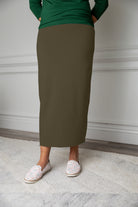 Nuggles® modest midi skirt in [color/print] – soft knit, no-iron, available in 27", 31", 34" lengths.
