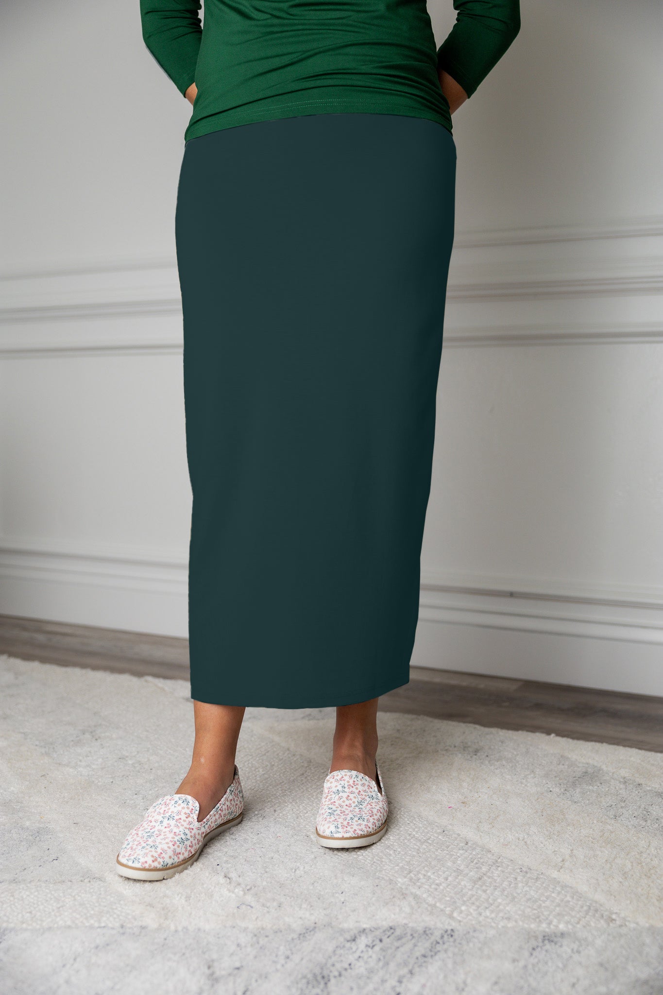 Nuggles® modest midi skirt in [color/print] – soft knit, no-iron, available in 27", 31", 34" lengths.