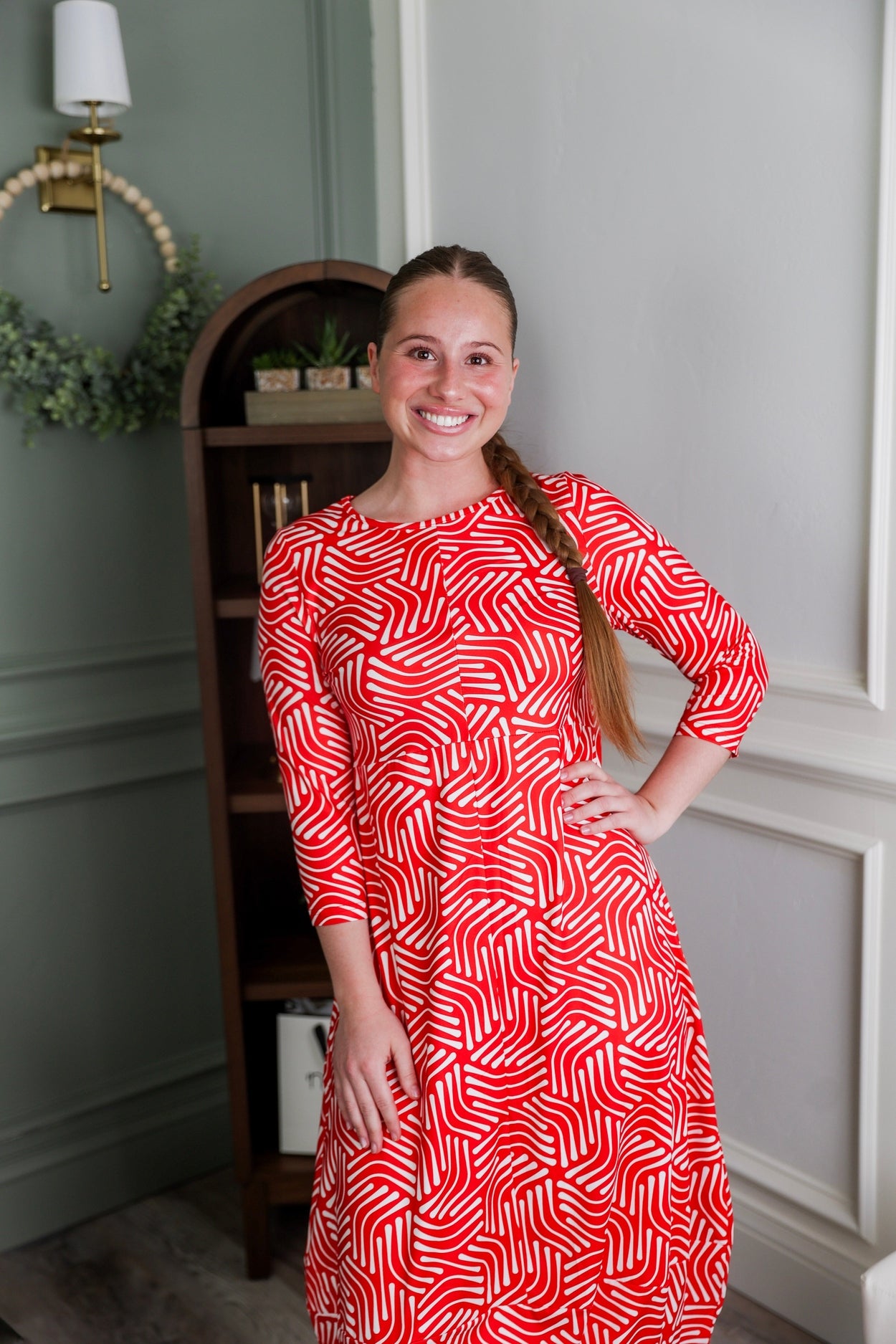 Model wearing Nuggles® Cindy Bubble Dress in Berry Maze