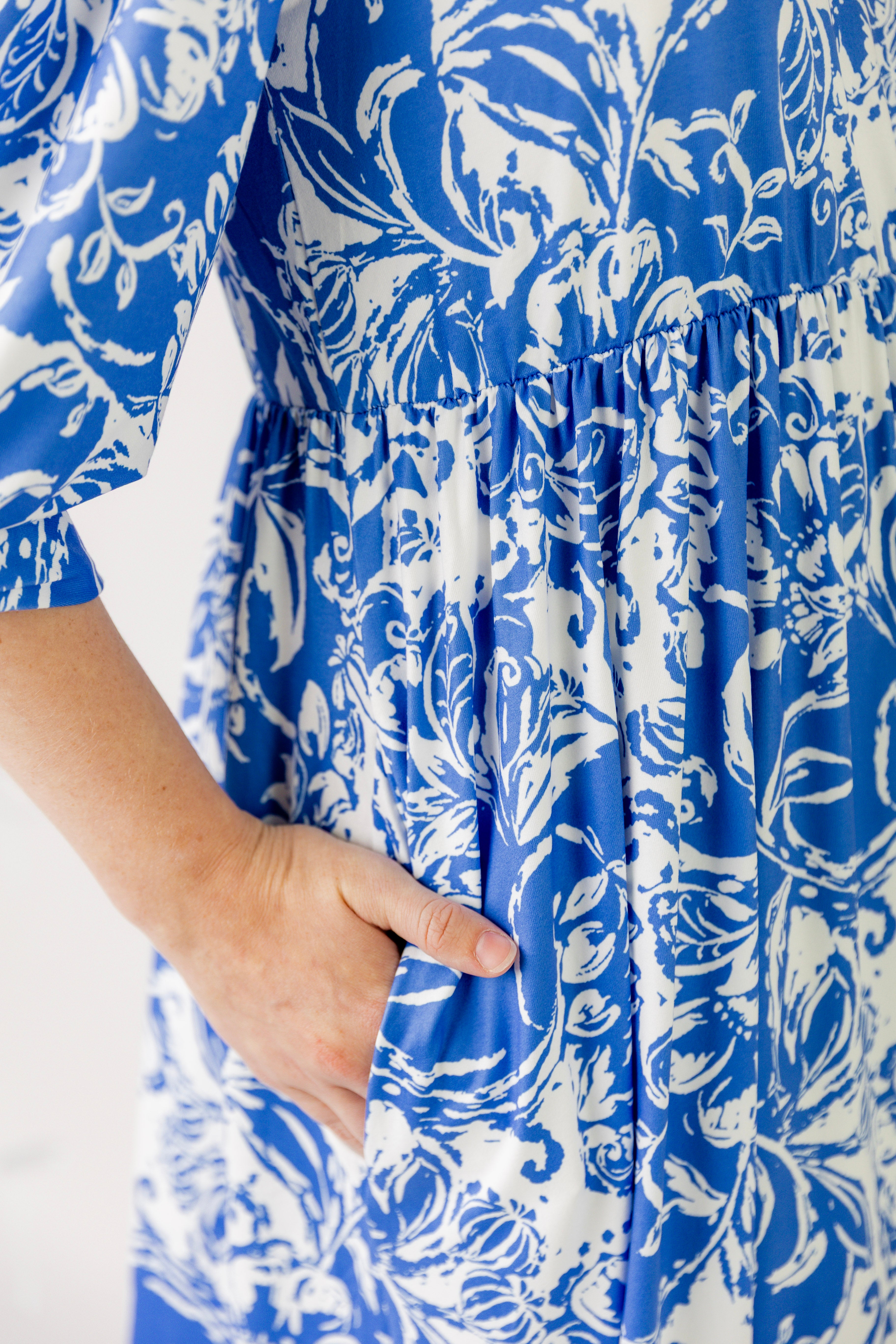 modest 3/4 sleeve midi dress pretty prints spring time