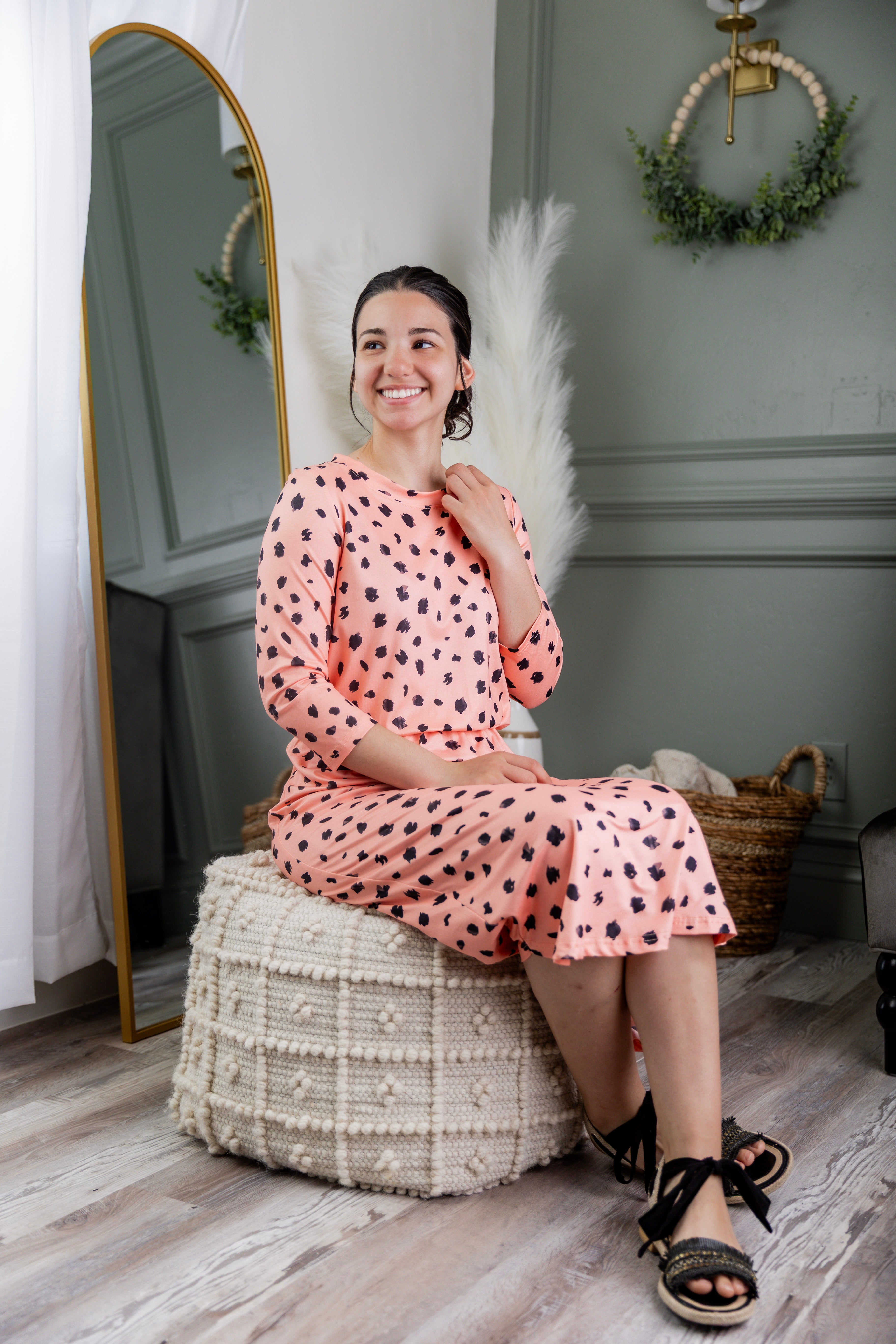 Model wearing Modest Nuggles® Harper Jane Dress in Sweetheart