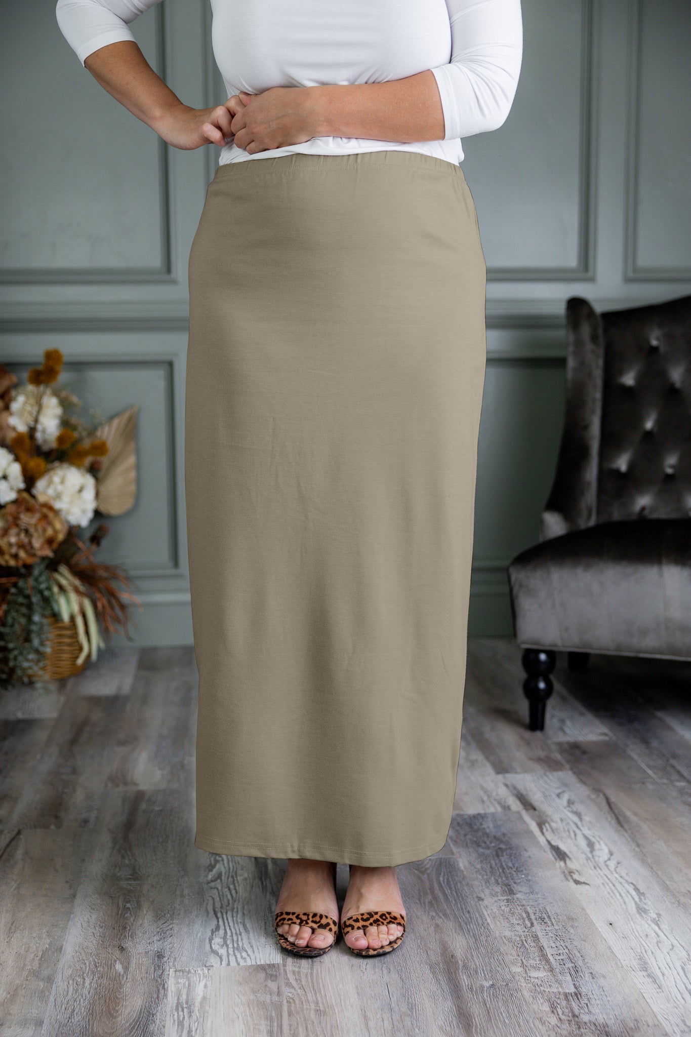 Nuggles® modest midi skirt in [color/print] – soft knit, no-iron, available in 27", 31", 34" lengths.