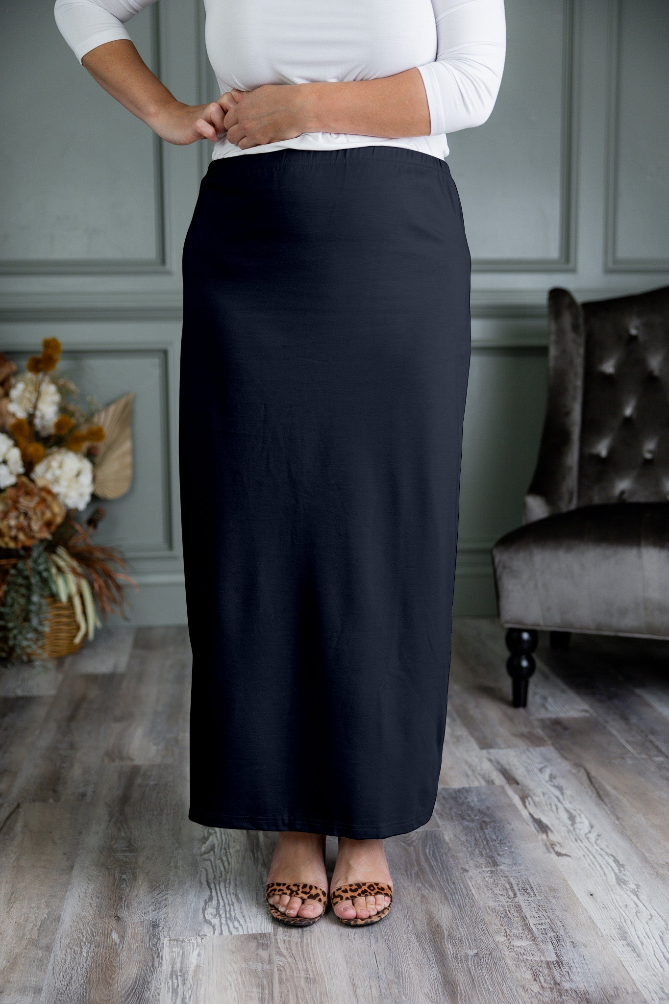 Nuggles® modest midi skirt in [color/print] – soft knit, no-iron, available in 27", 31", 34" lengths.