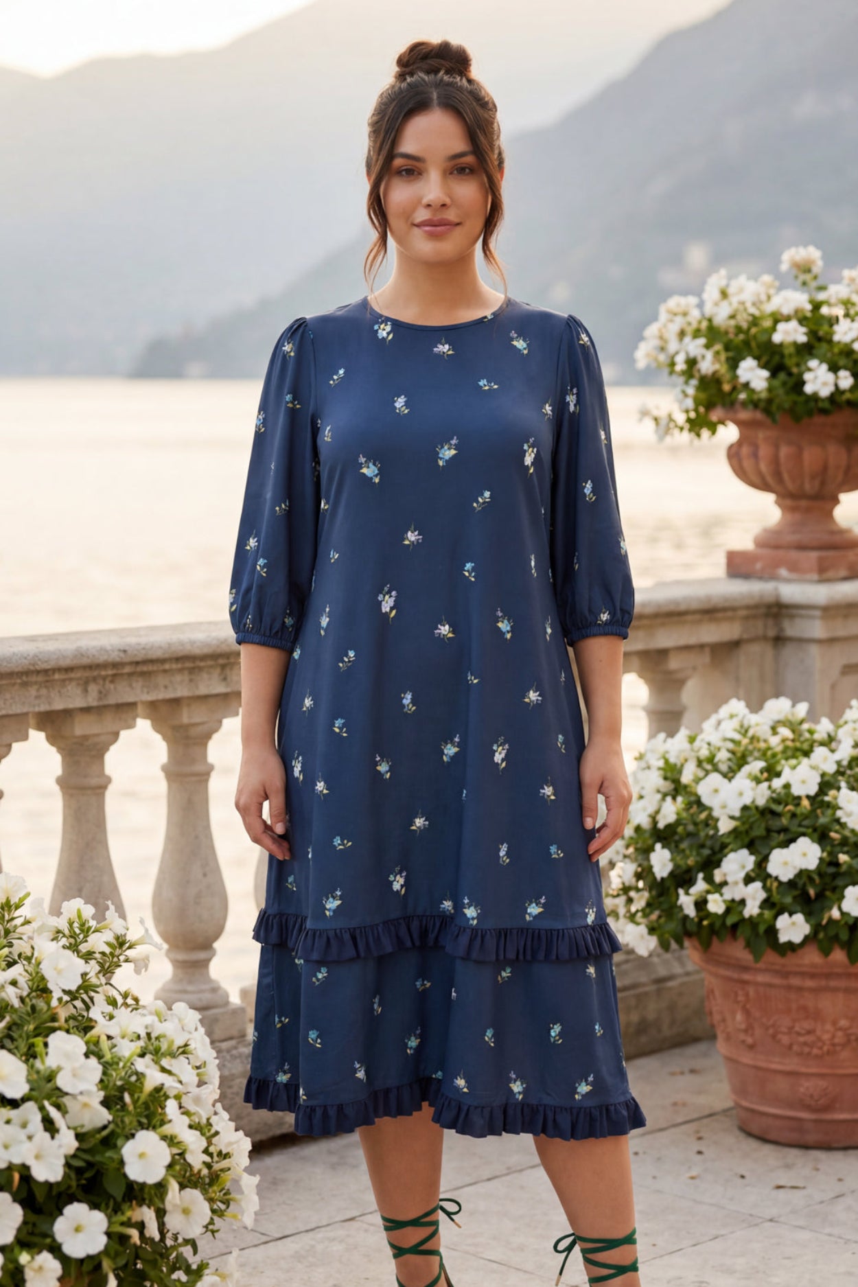 Model wearing Nuggles® Patricia Dress in Harbor Petals