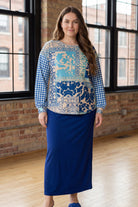 Model wearing the Nuggles® Bryauna Top in Lakeside Patch
