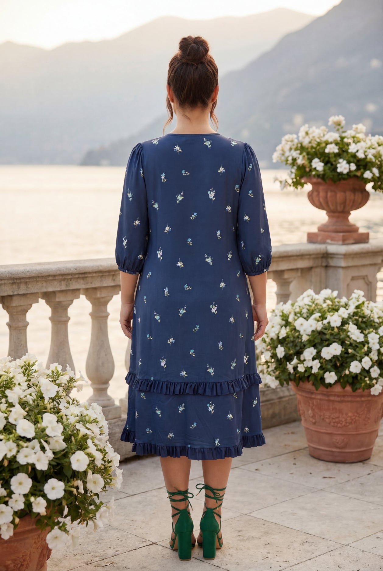 Model wearing Nuggles® Patricia Dress in Harbor Petals