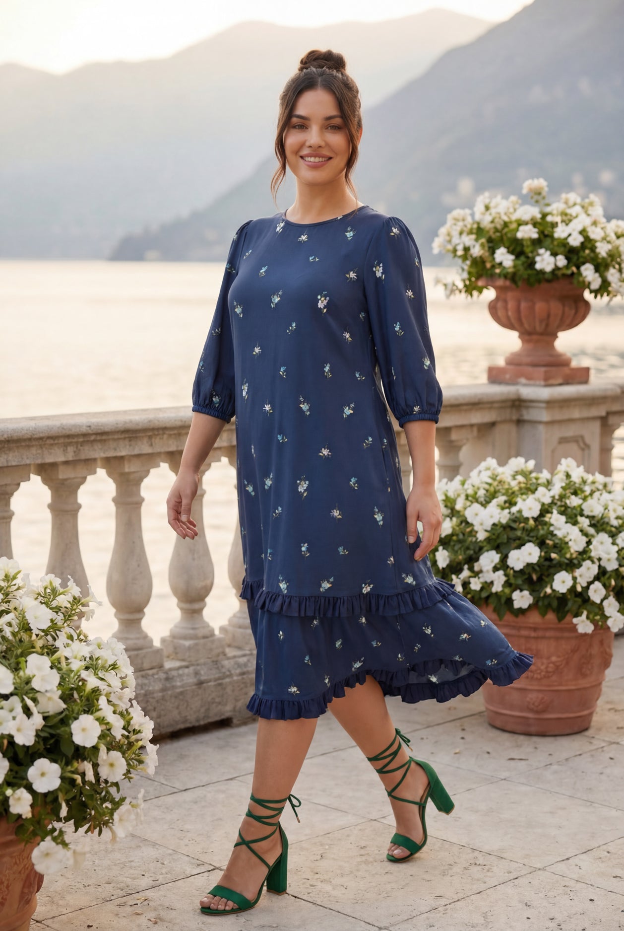 Model wearing Nuggles® Patricia Dress in Harbor Petals