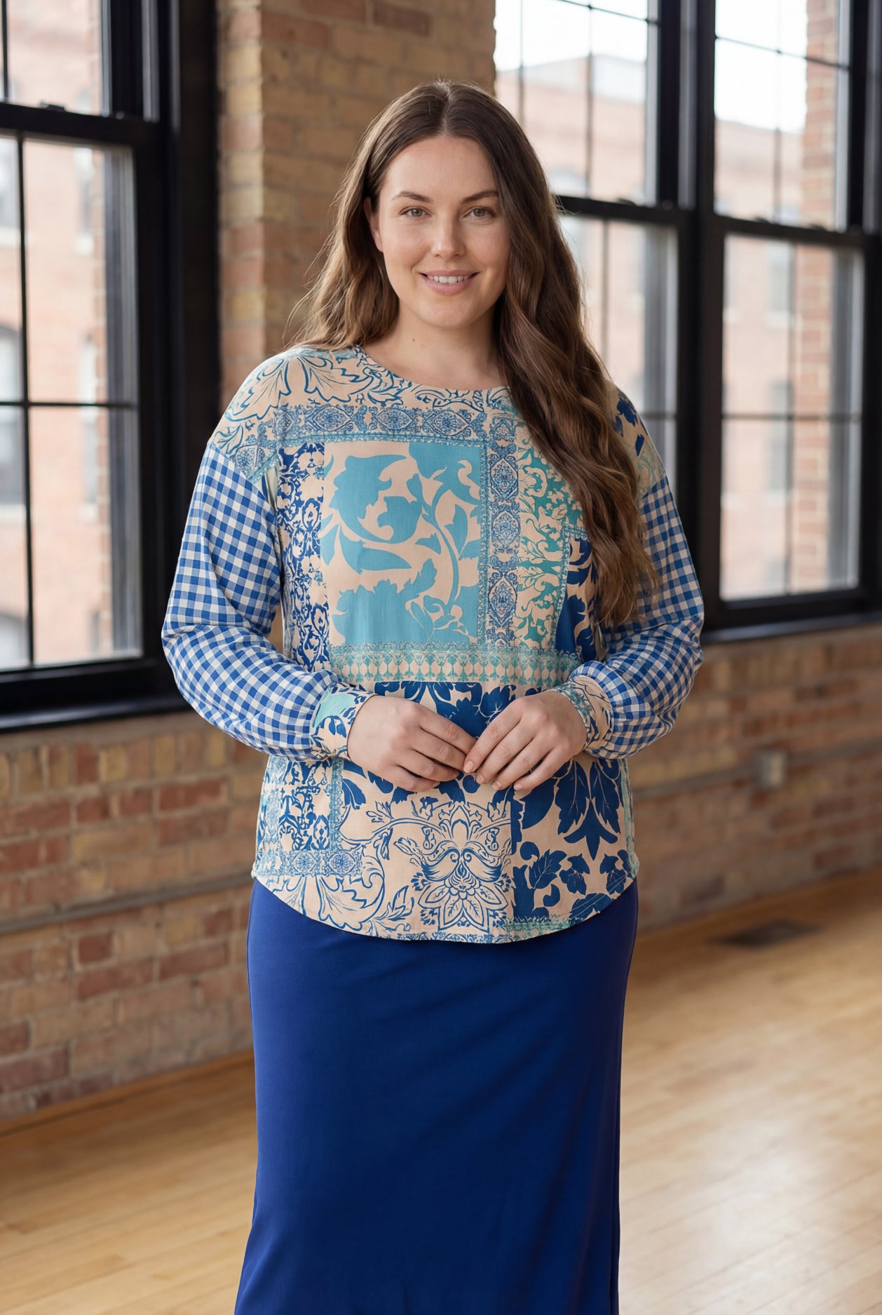 Model wearing Nuggles® Bryauna Top in Lakeside Patch