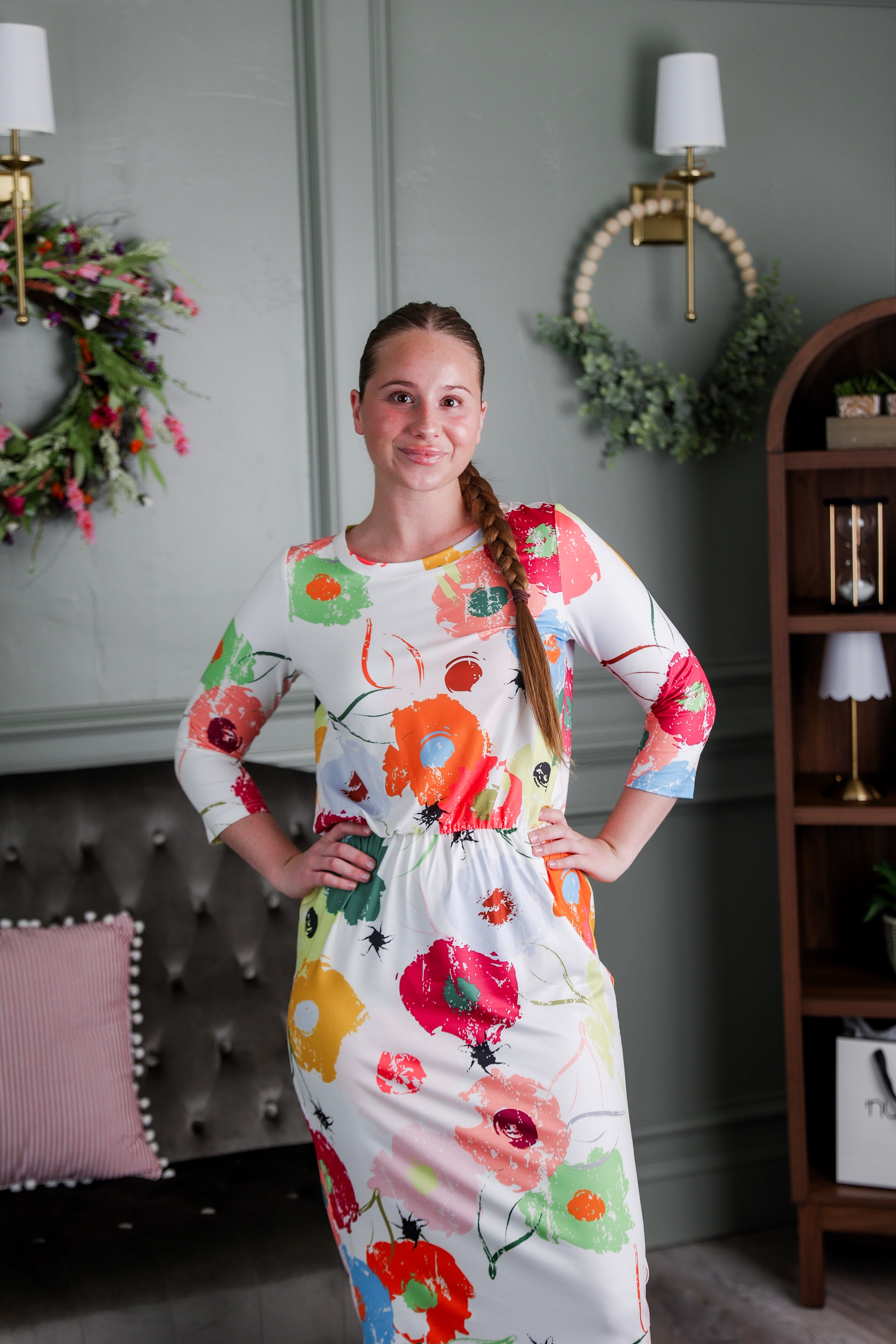 Model wearing Modest Nuggles® Harper Jane Dress in Party Blooms