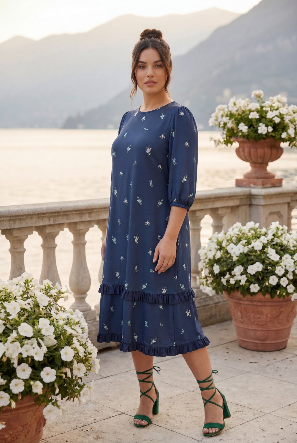 Model wearing Nuggles® Patricia Dress in Harbor Petals