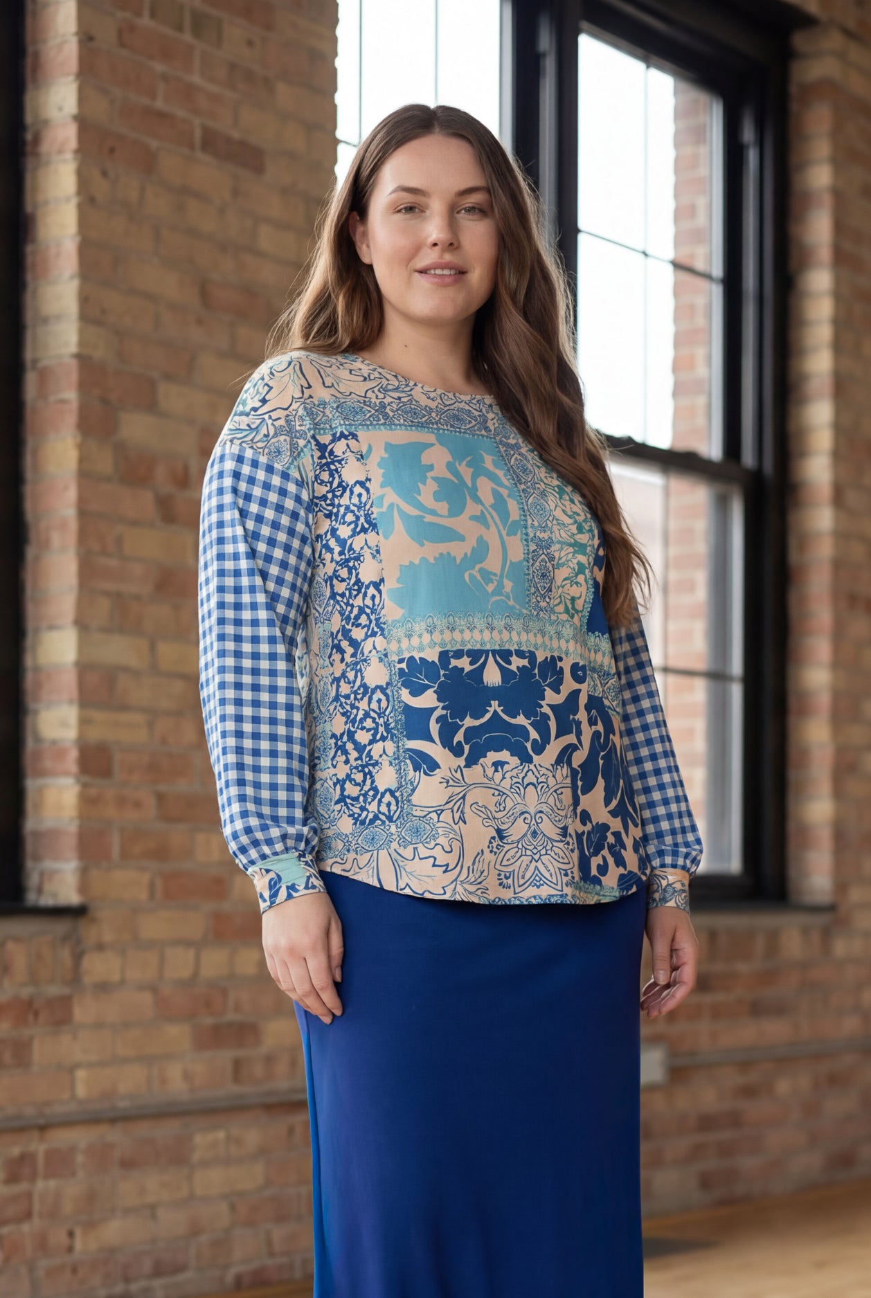Model wearing Nuggles® Bryauna Top in Lakeside Patch