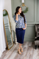 Model wearing the Nuggles® Lucia Top in Cottage Blue
