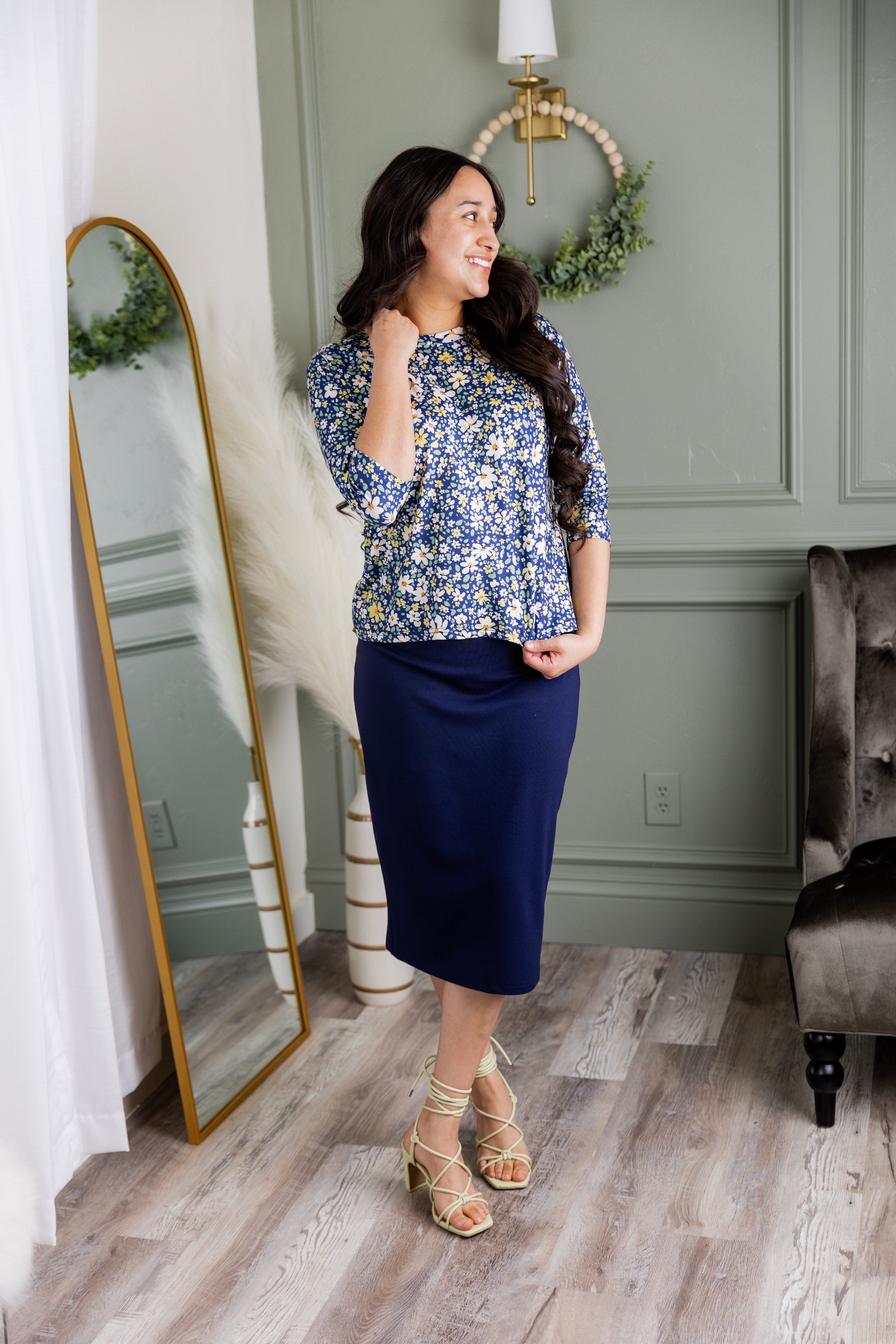 Model wearing the Nuggles® Lucia Top in Cottage Blue