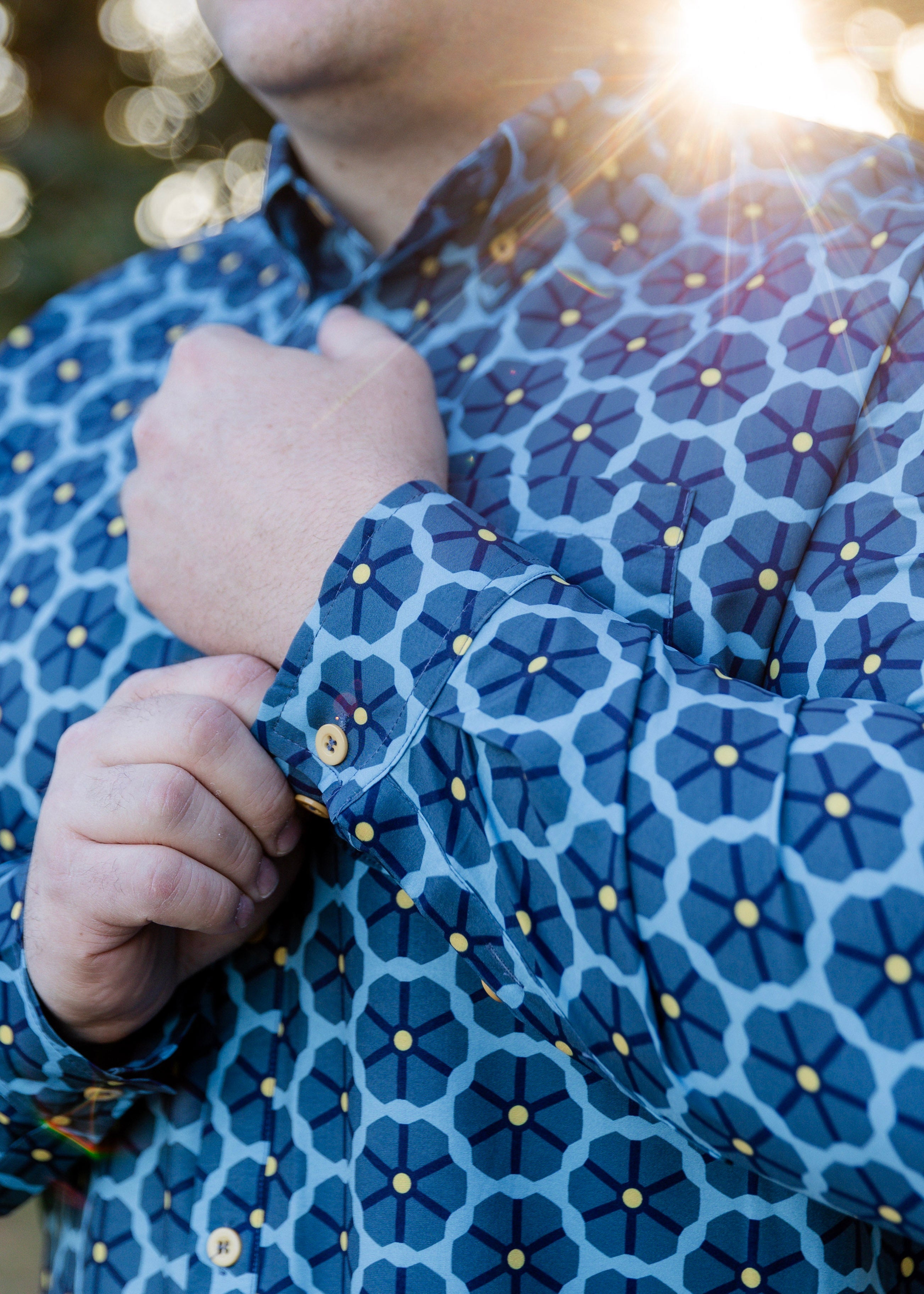 Model wearing Nuggles® Mens' Button Down Shirt Forge Tile