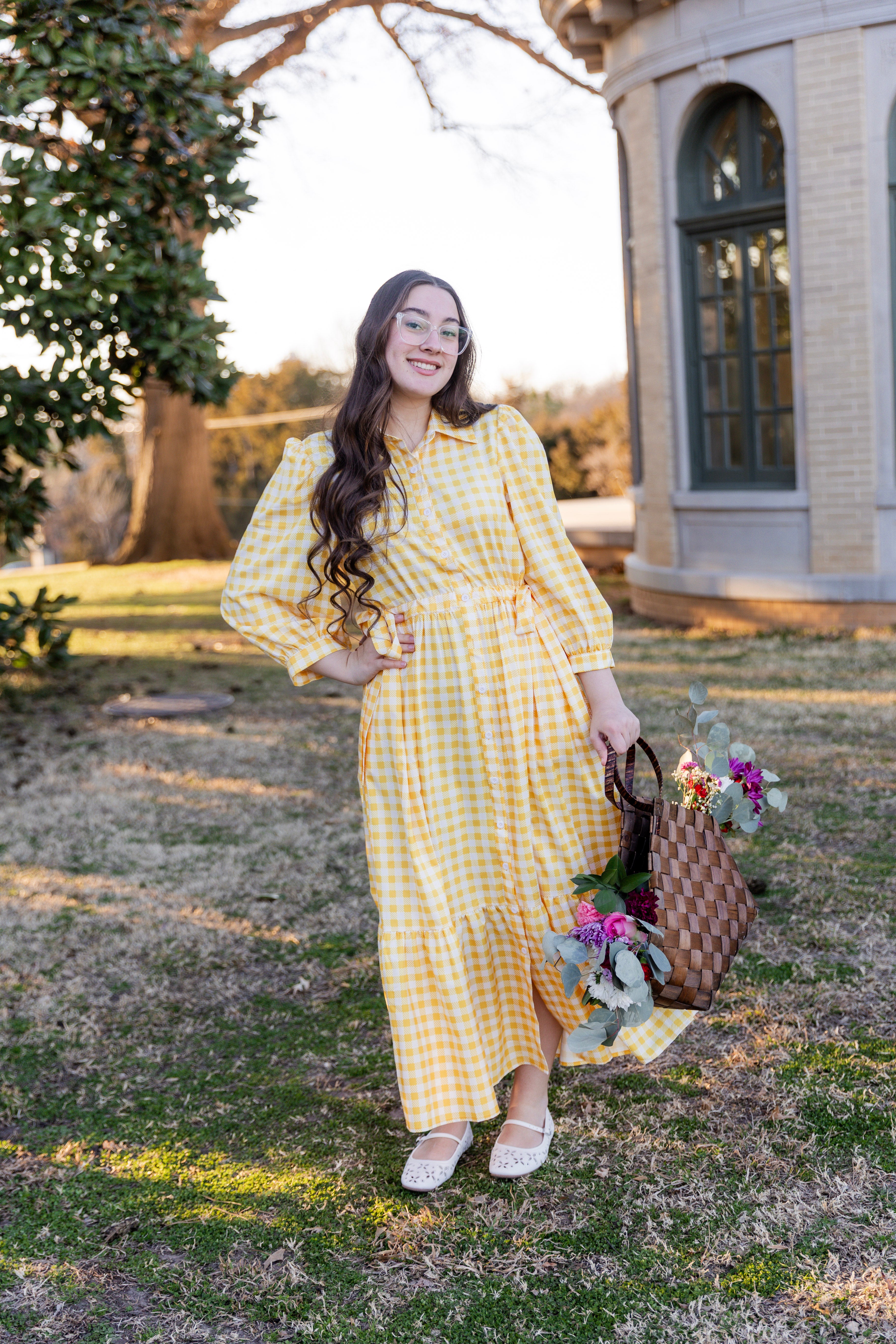 Model wearing the Nuggles® Leila Dress in Sunshine Check