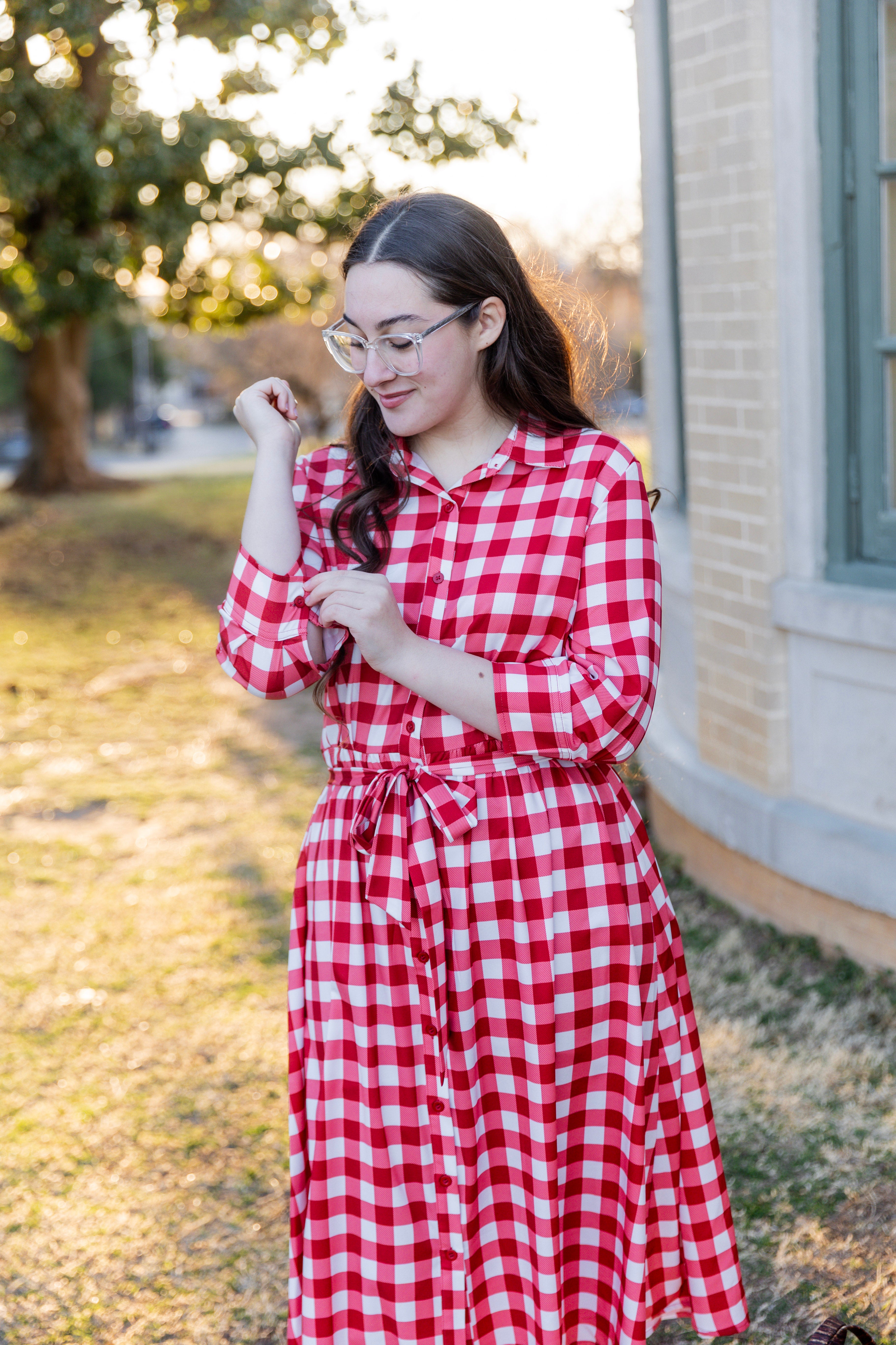 Model wearing the Nuggles® Rachel Dress in Cherry Jam