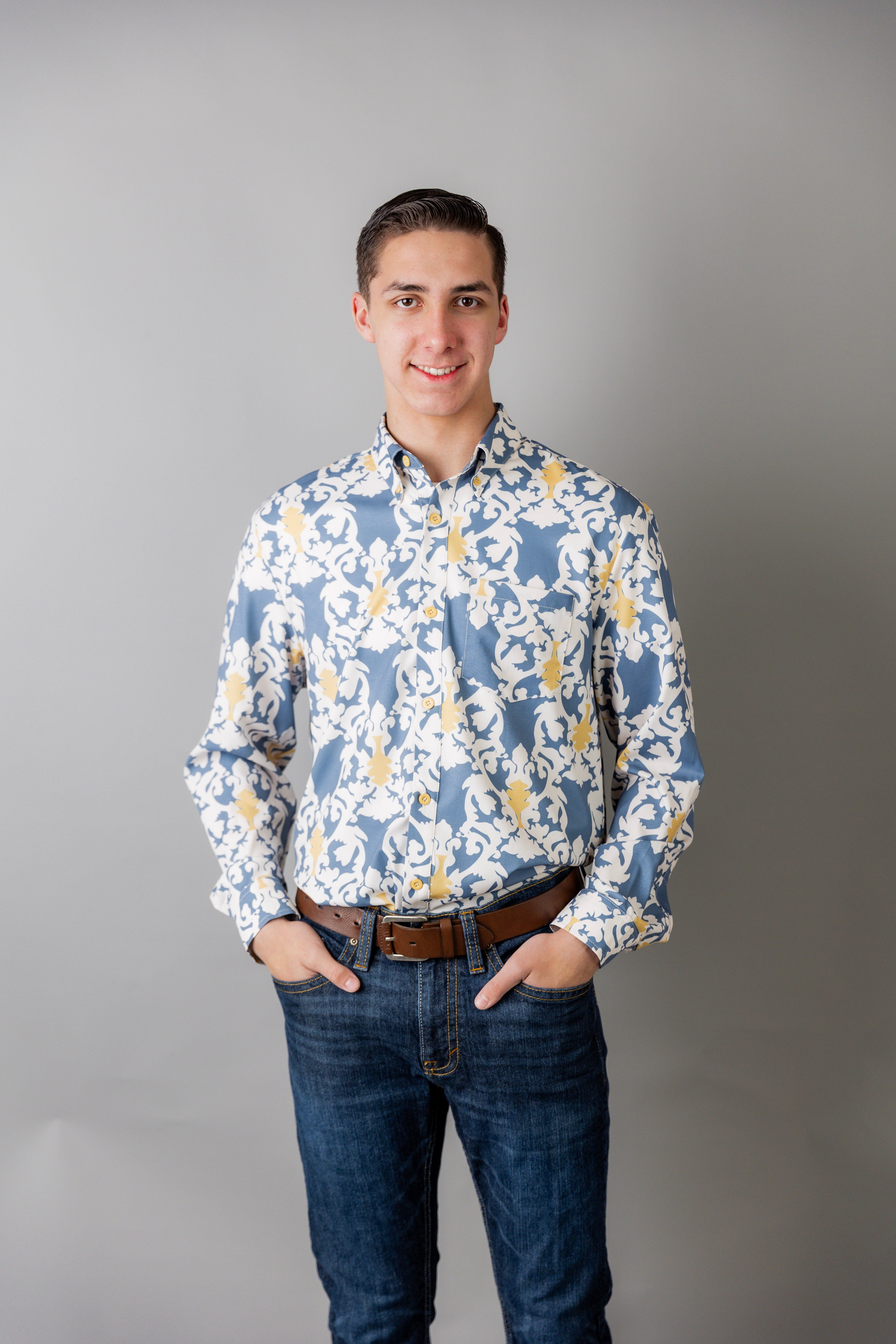 Model wearing Nuggles® Men's Button Down Shirt in Steel Damask