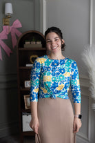 Model wearing Nuggles®  3/4 Essential Tee in Lakeside Garden