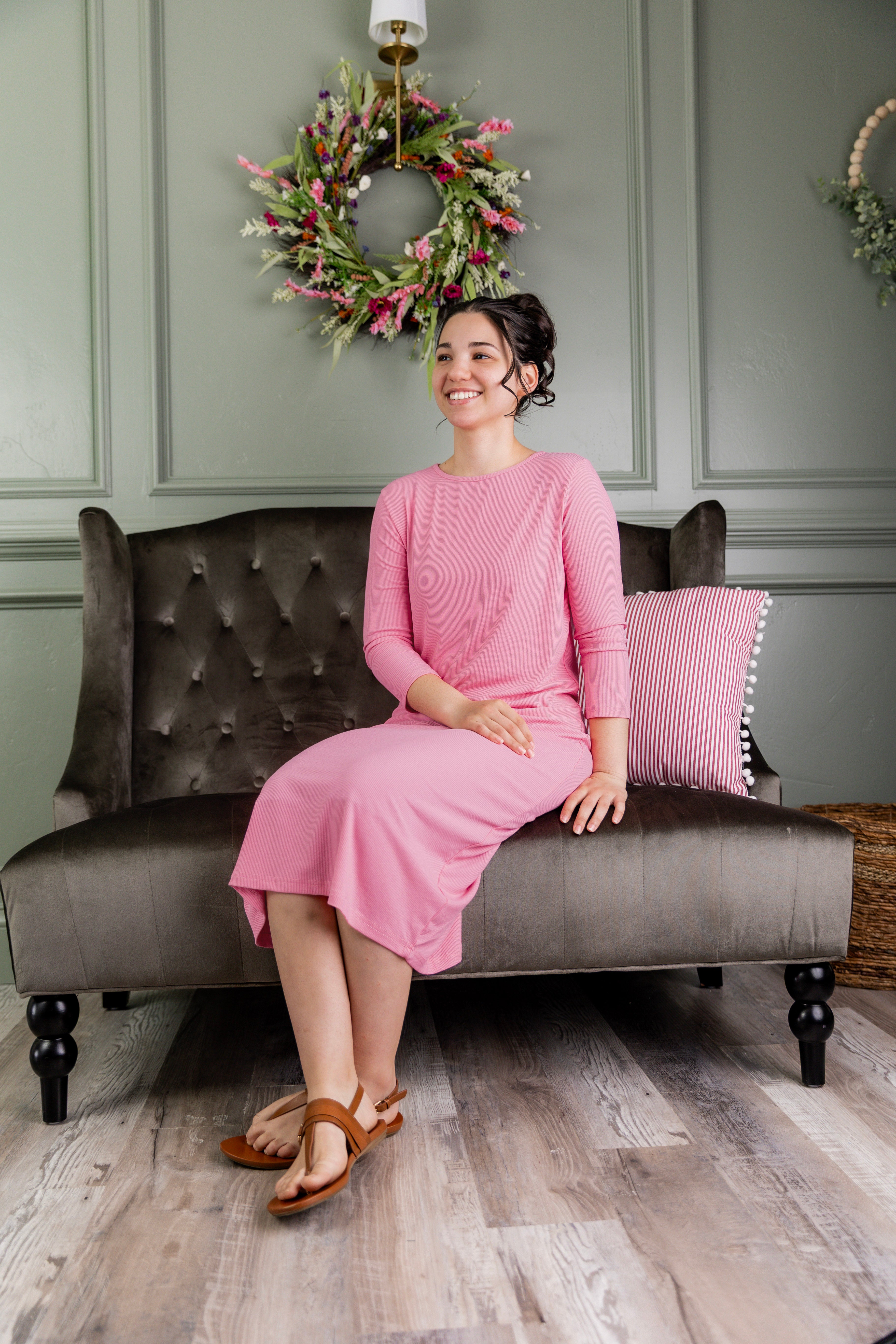 Modest Ribbed Midi Layering Dress in Pink 