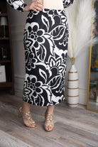 Model wearing modest Nuggles® 31" Lined Pencil Skirt in Noir Floral