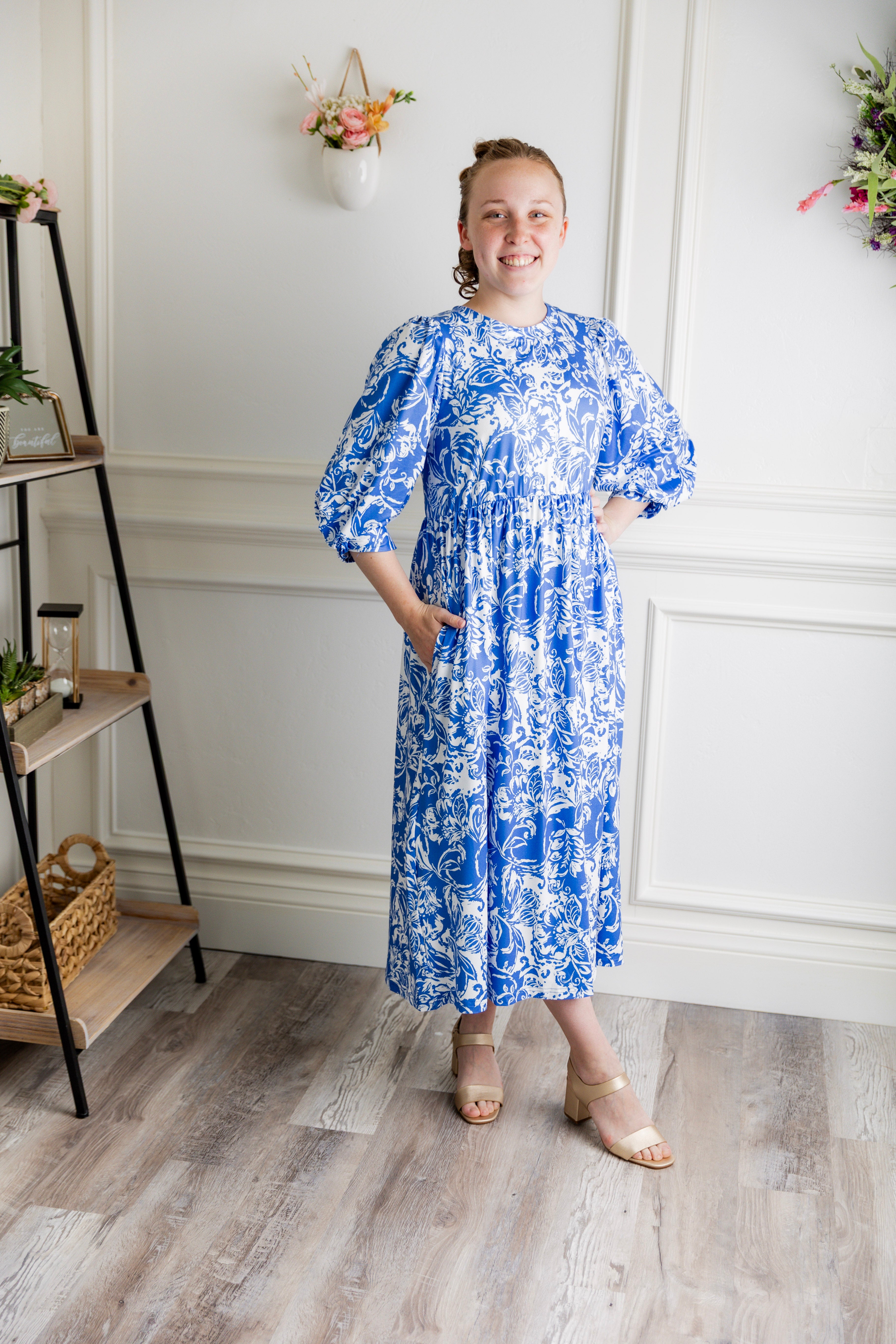 modest 3/4 sleeve midi dress pretty prints spring time