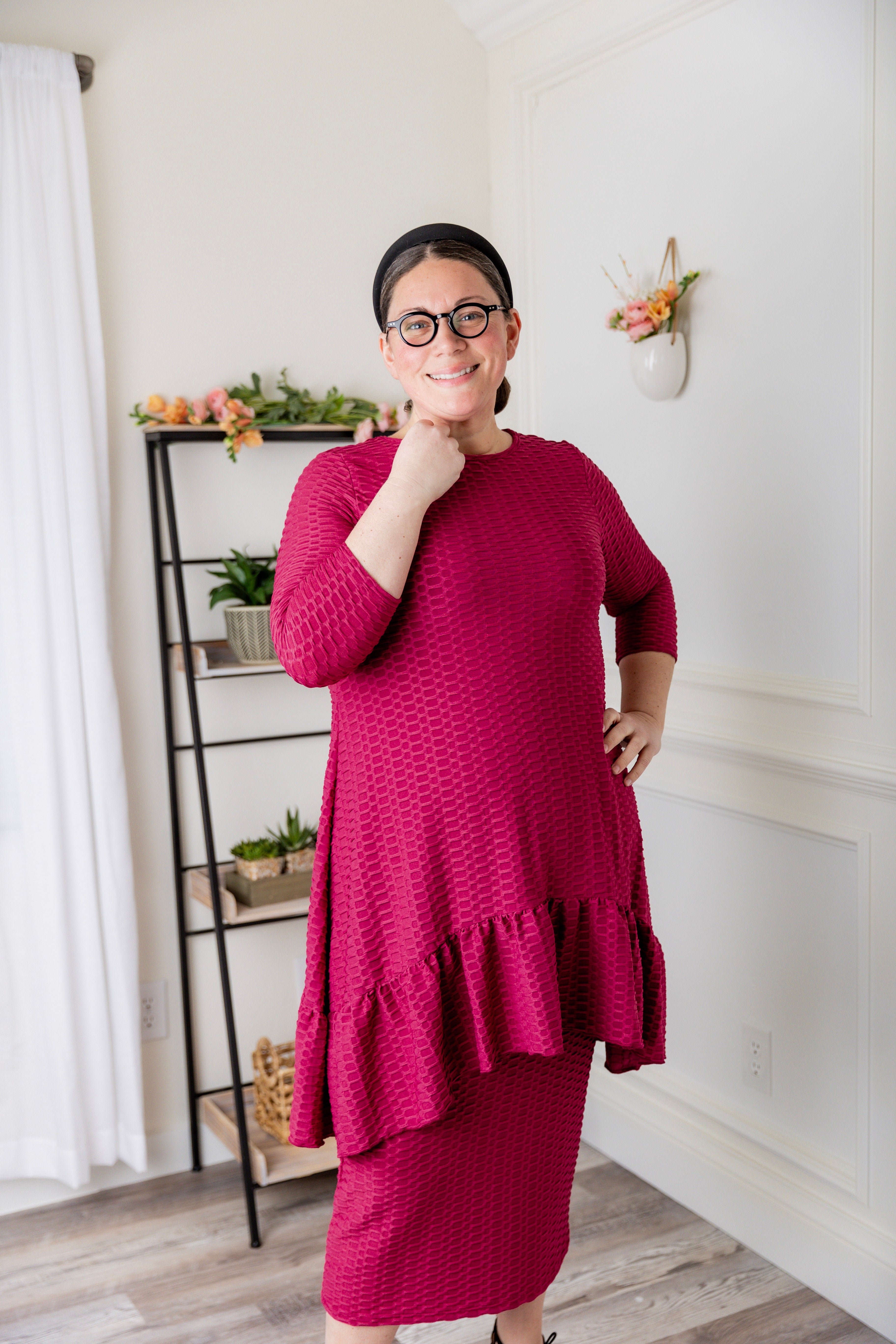 Modest solid Rose Top for women in textured fabric, long hip-length cut, paired with matching midi skirt from Nuggles®