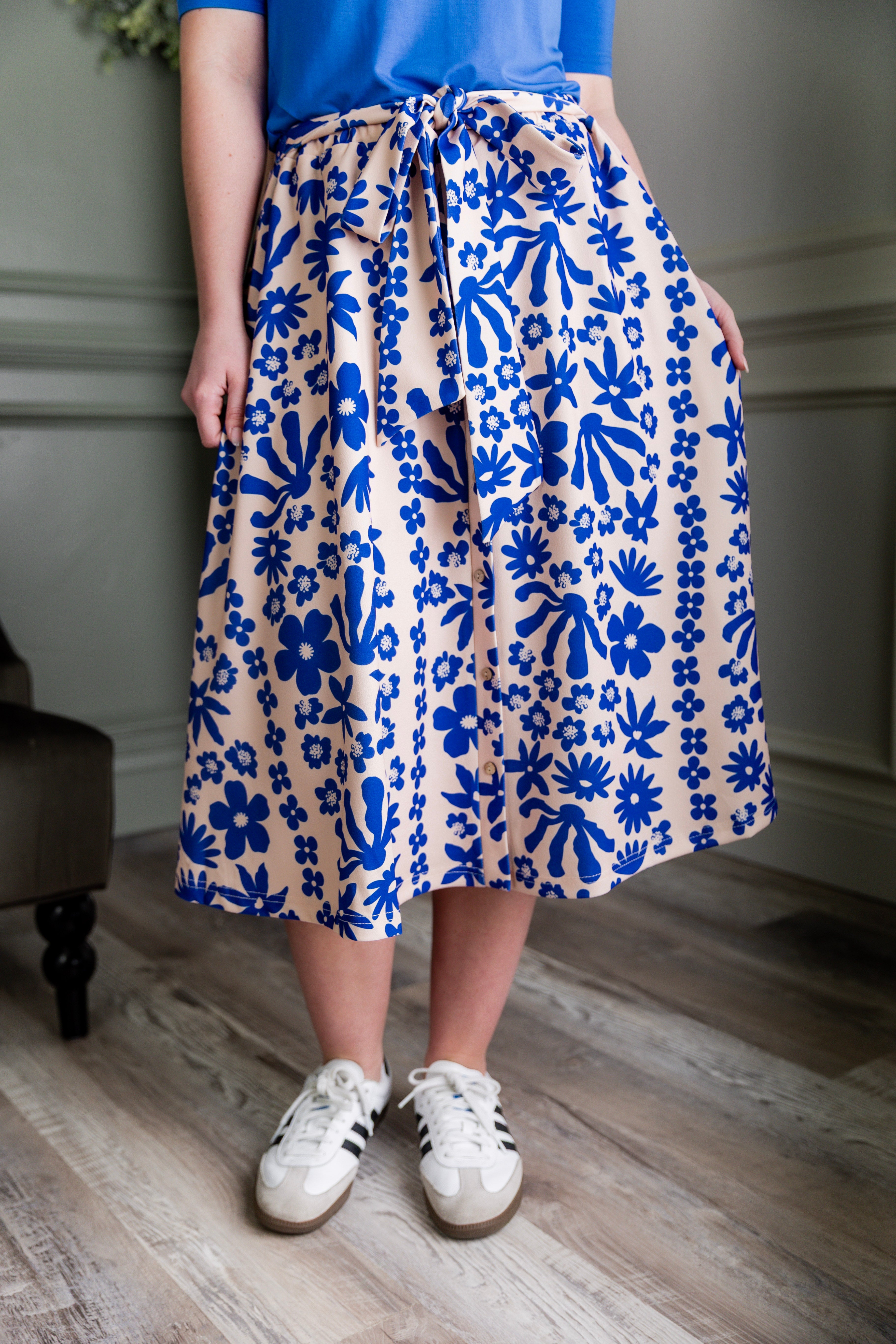 Nuggles® Bria Skirt Sapphire Scrolls blue floral midi skirt