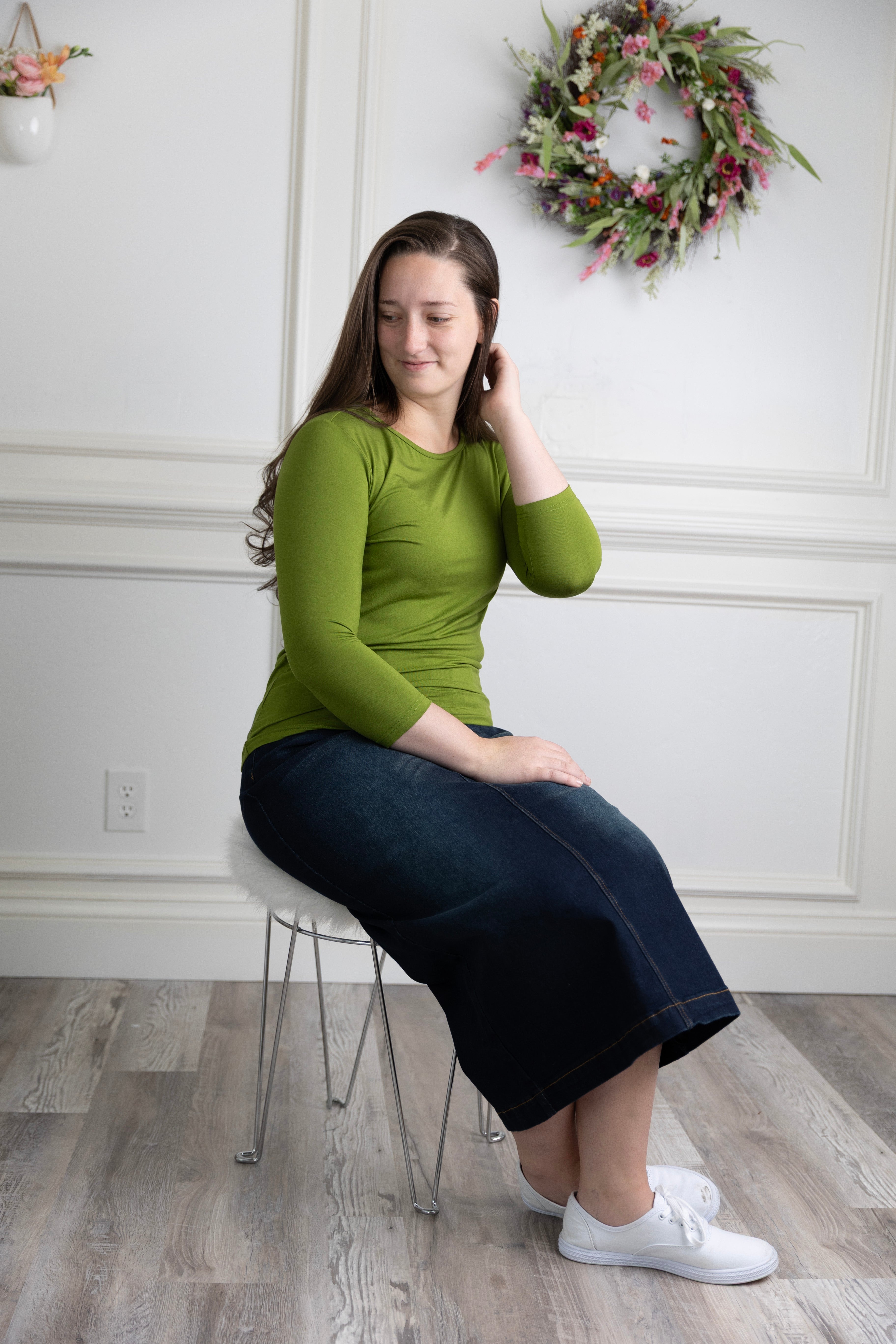 modest denim skirts in 34" length 