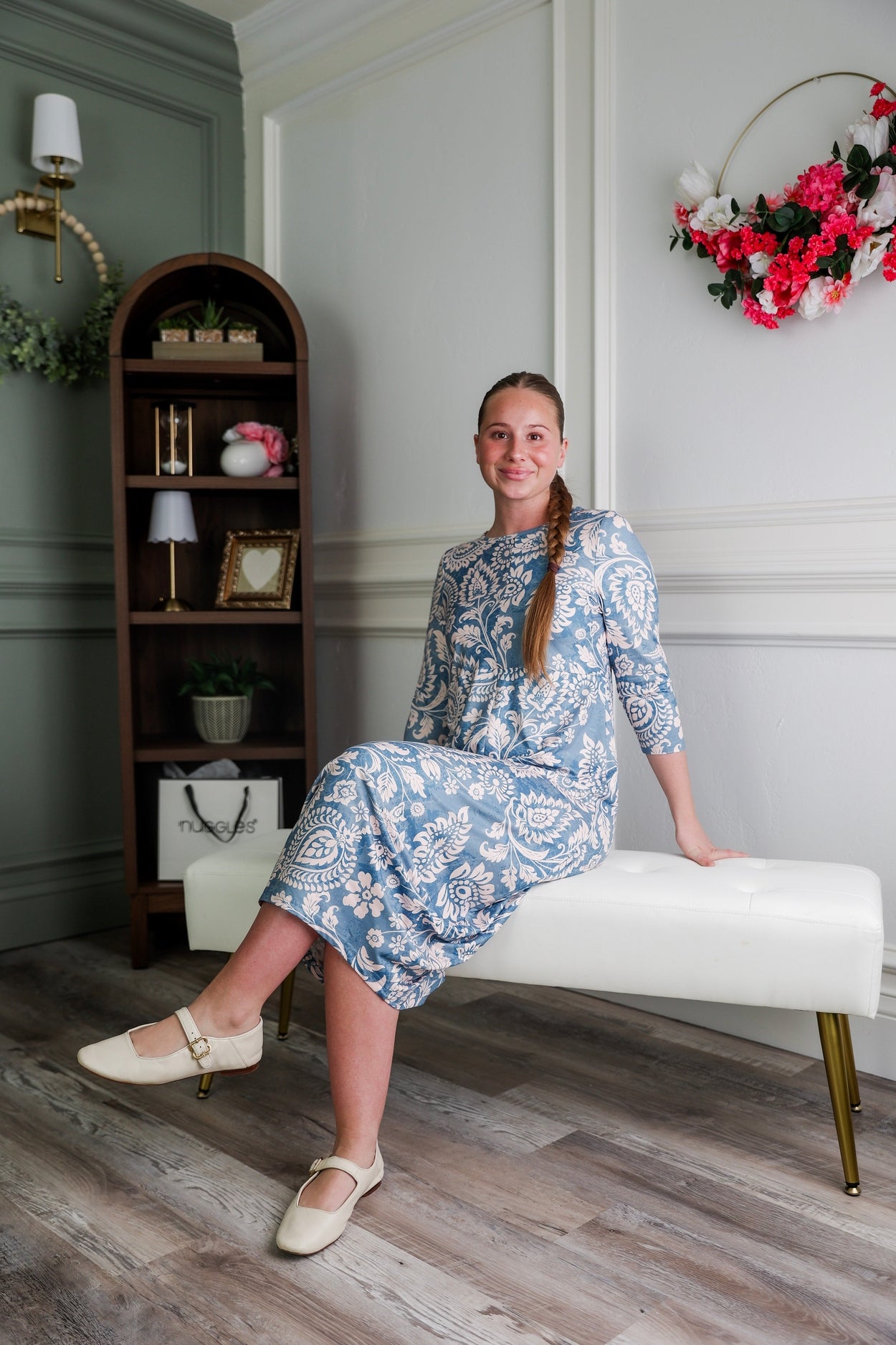 Model wearing Nuggles® Cindy Bubble Dress in Harbor Paisley 