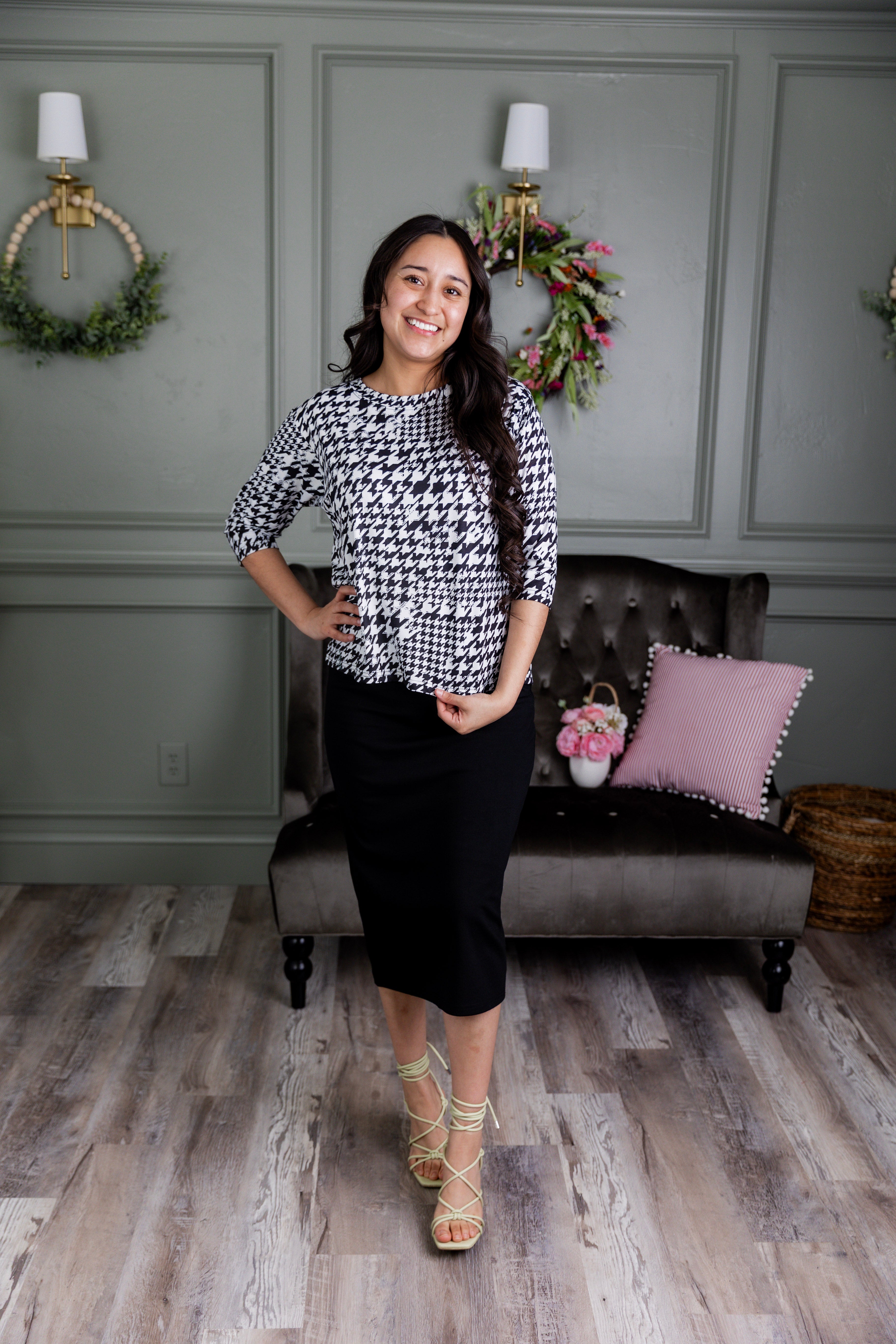 Model wearing the Nuggles® Lucia Top in Classic Charmer