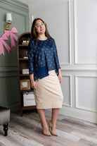 Model wearing the Nuggles® Keegan Top in Starlit Navy print modest boutique top
