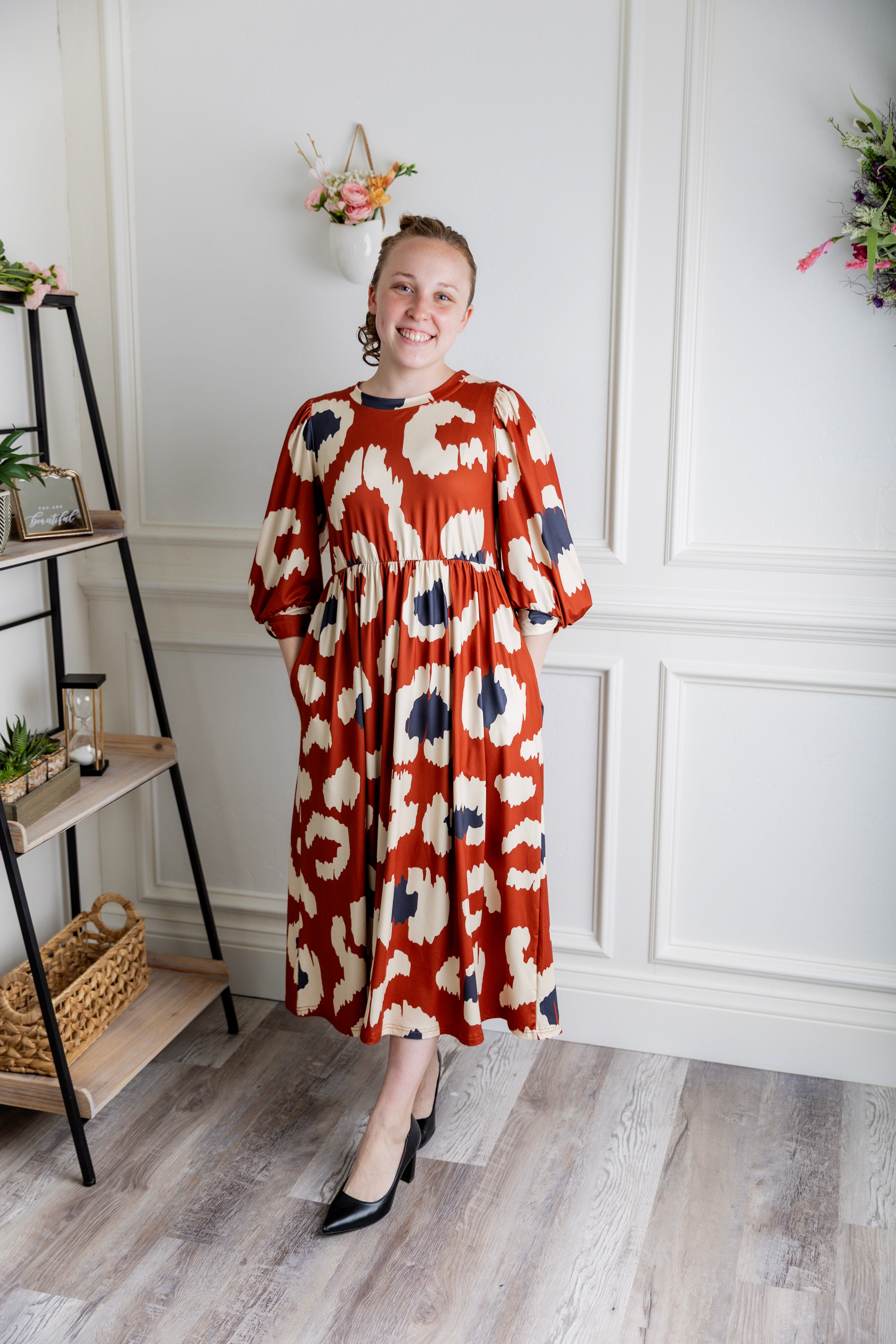 modest 3/4 sleeve midi dress pretty prints spring time