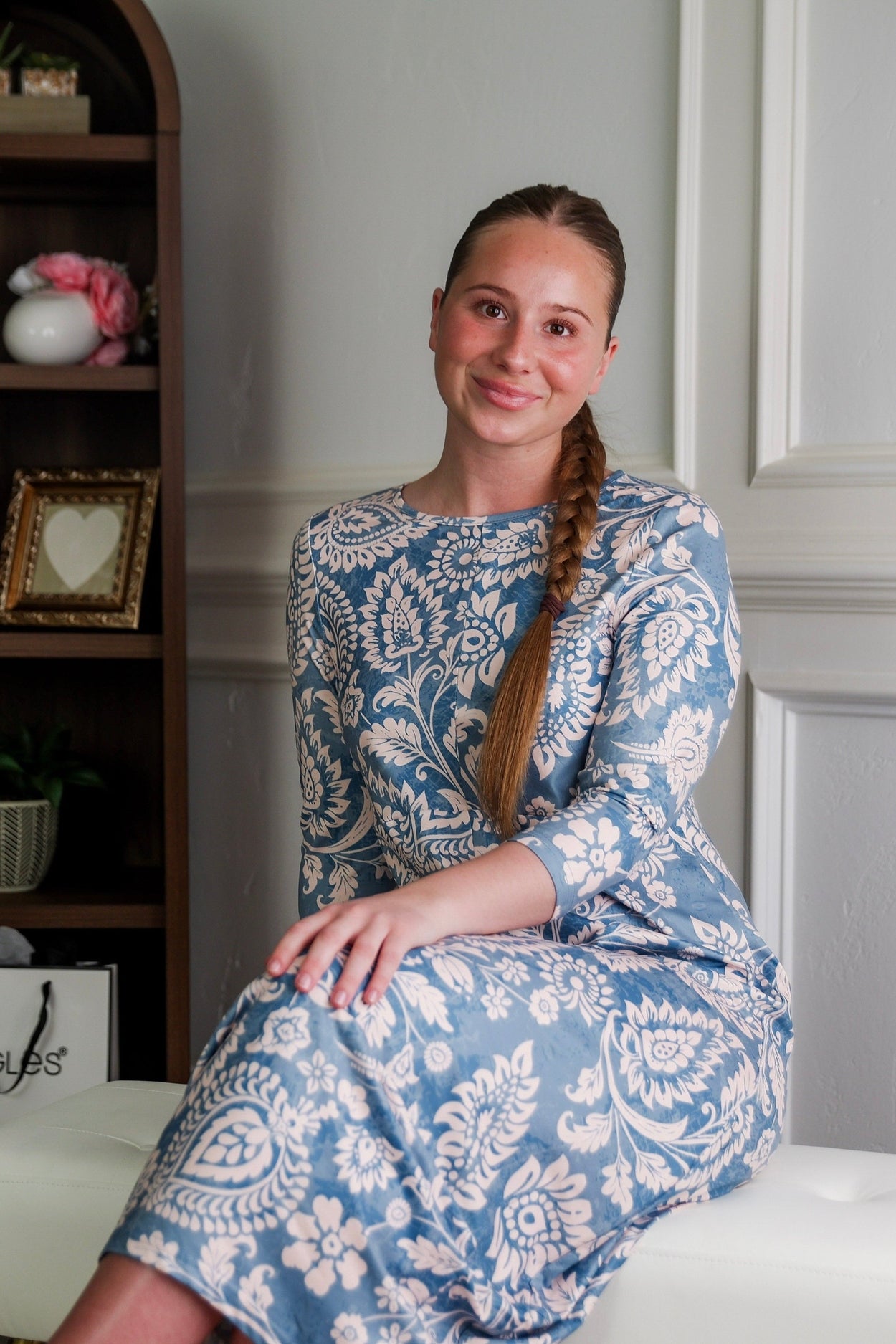 Model wearing Nuggles® Cindy Bubble Dress in Harbor Paisley 