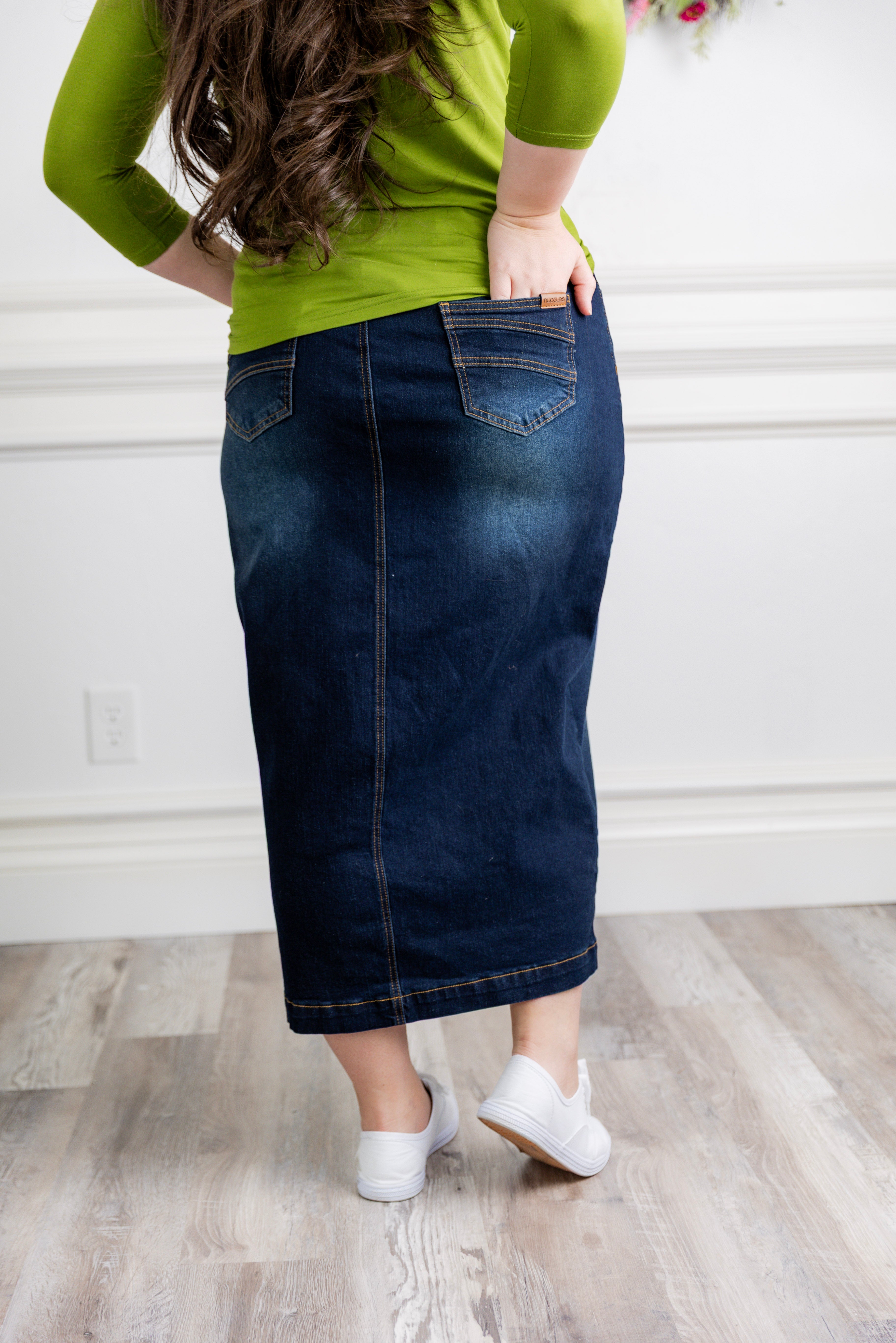 Model wearing Nuggles® modest 34" Denim Skirt.