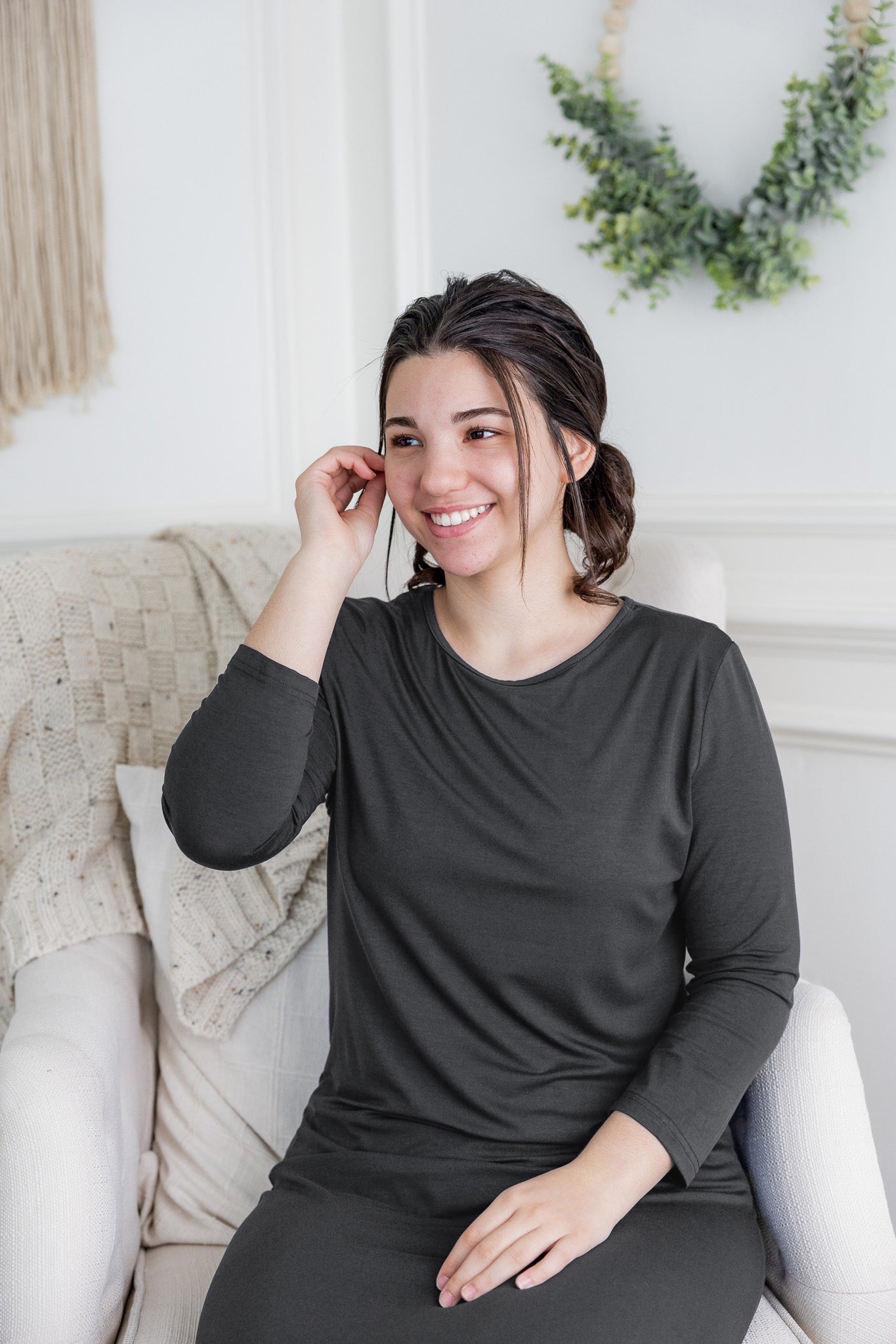 Model wearing  Nuggles® Original Style Midi Layering Dress in soft cotton knit