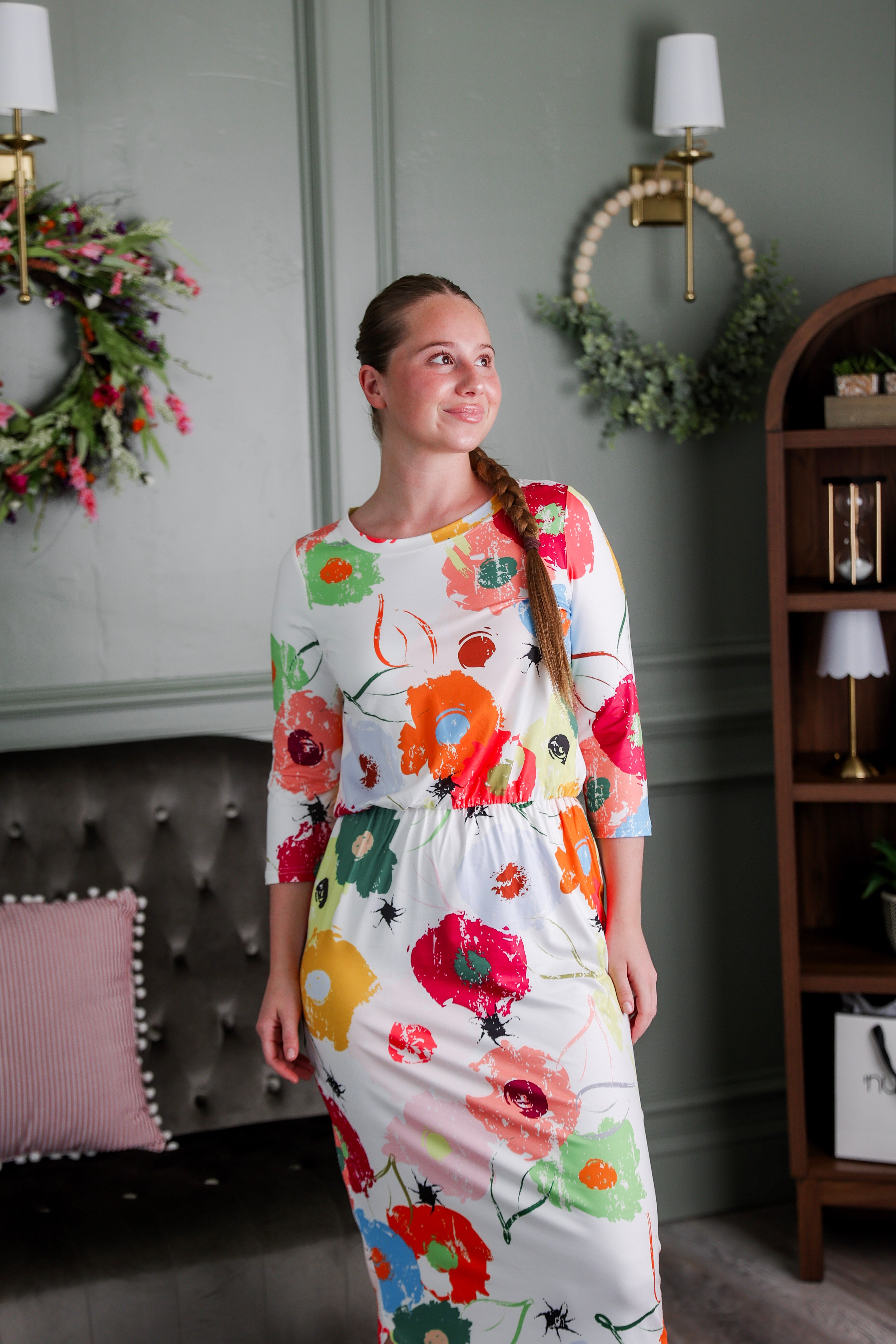Model wearing Modest Nuggles® Harper Jane Dress in Party Blooms